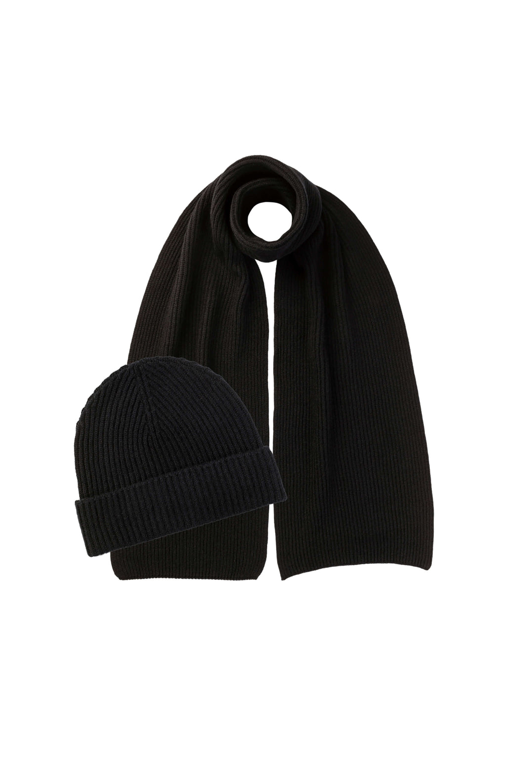 Johnstons of Elgin - Ribbed Cashmere Black Scarf & Beanie Gift Set