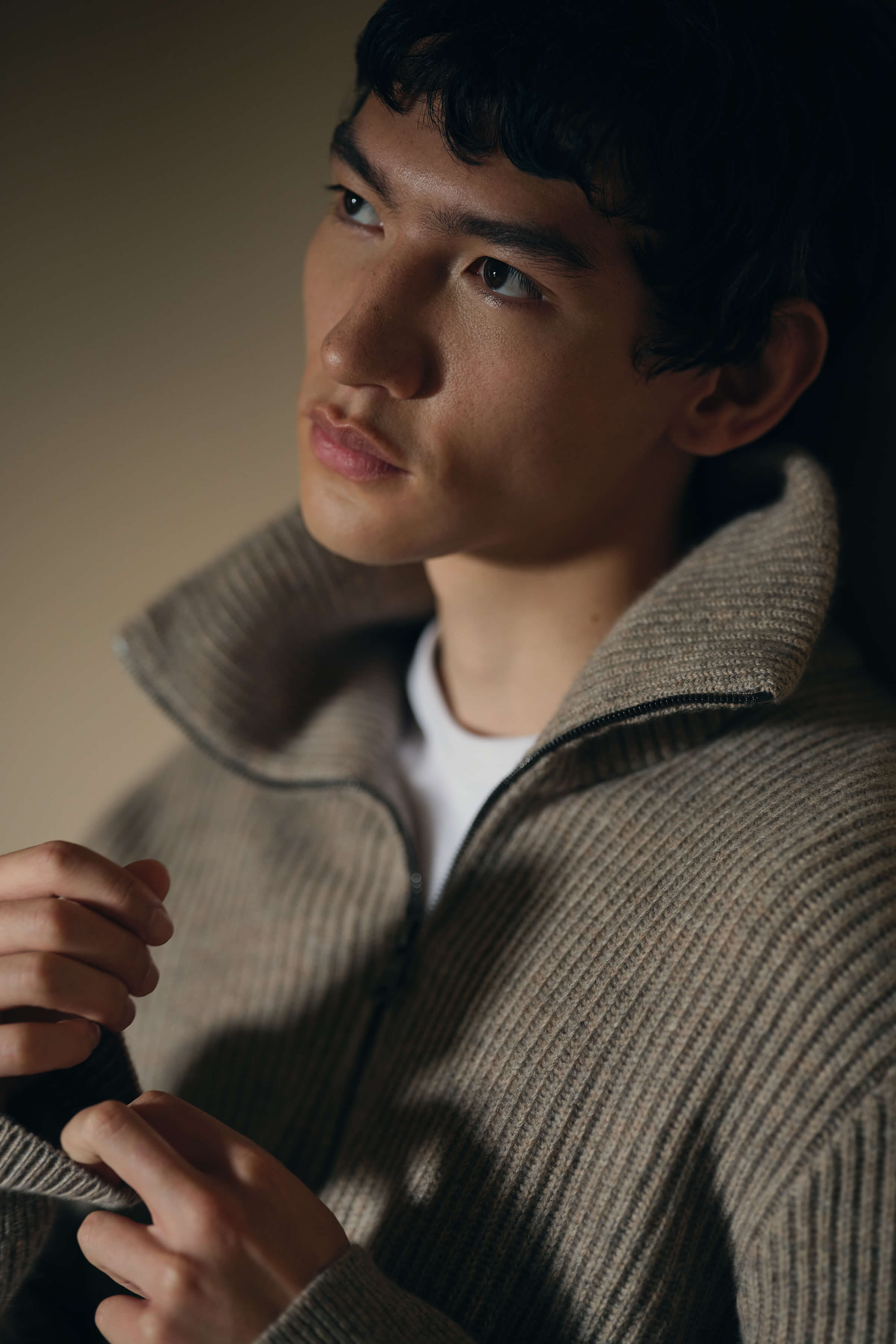 Johnstons of Elgin - Ribbed Cashmere Zip Neck Light Brown Jumper