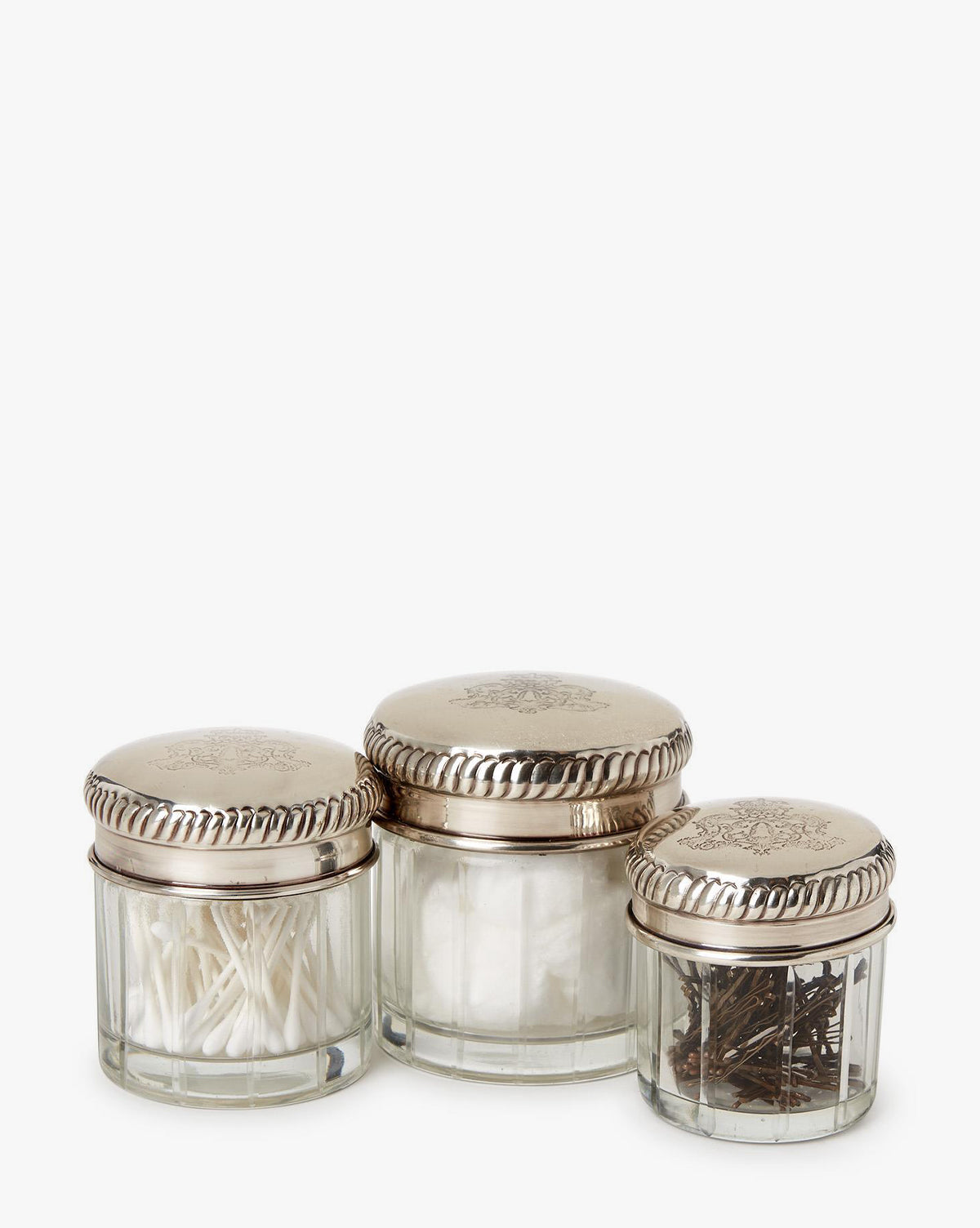 McGee & Co - Antique Silver Plated Brass Lidded Glass Jars (Set of 3)