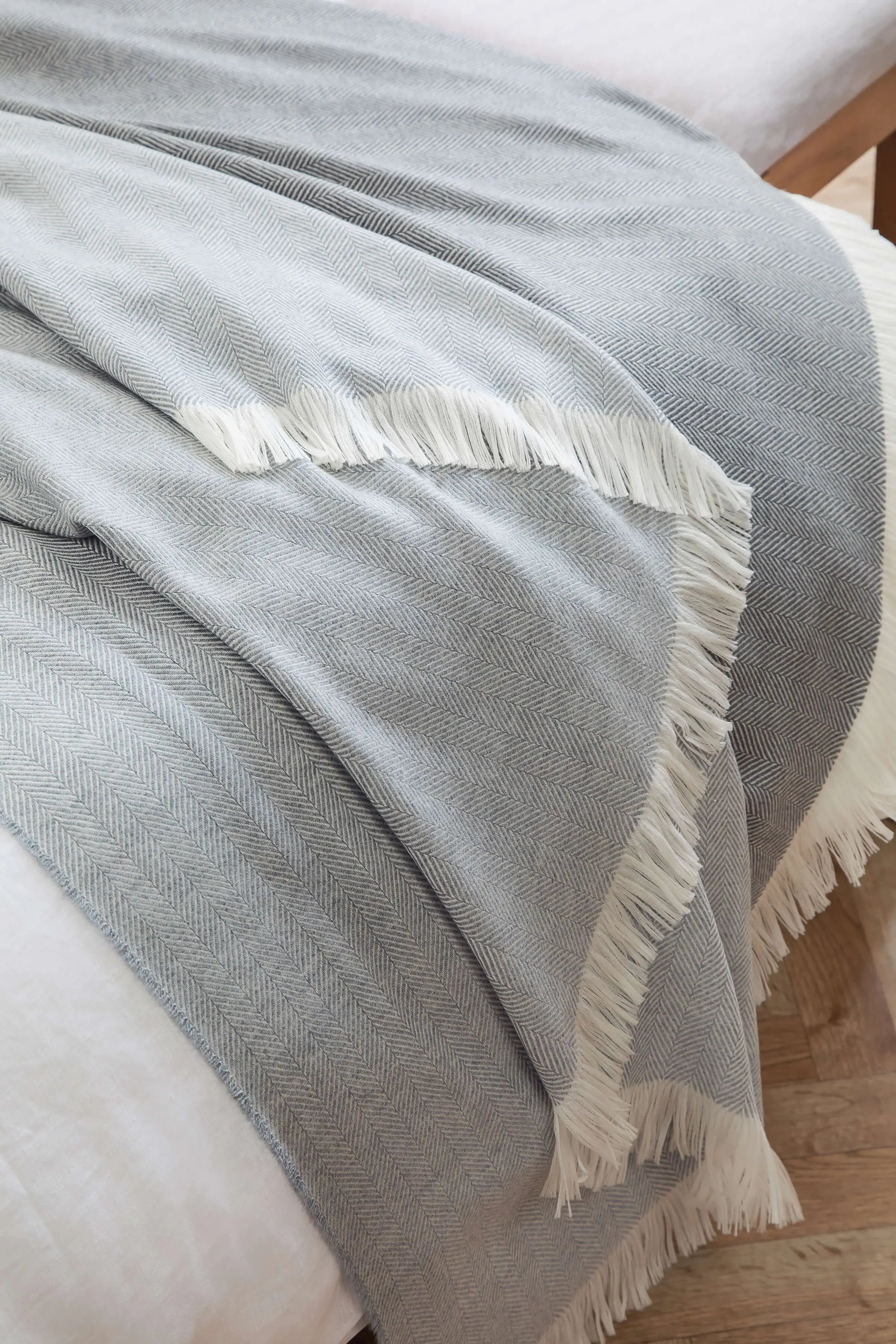 Johnstons of Elgin - Herringbone Merino Bed Throw in Mist