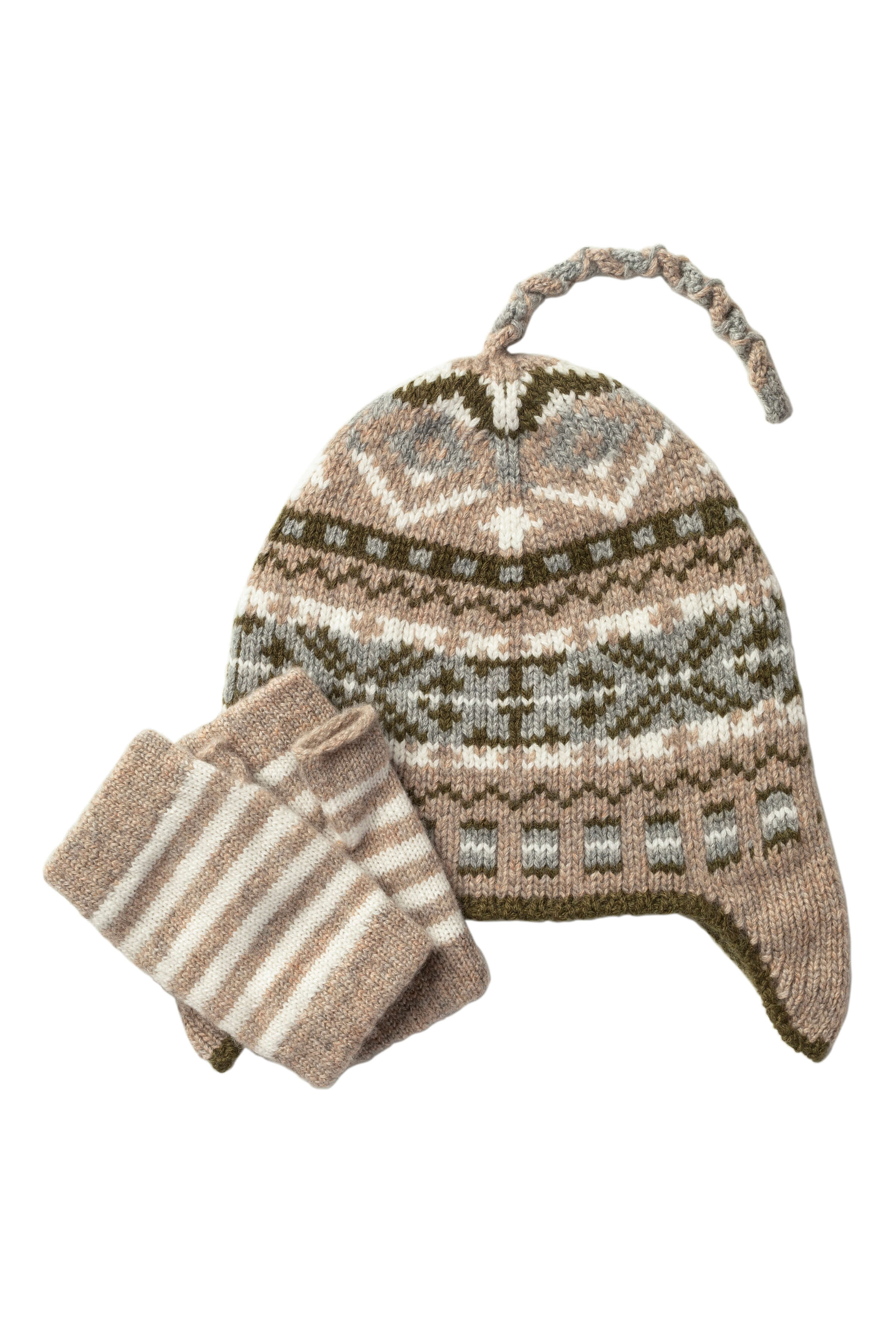 Johnstons of Elgin - Children's Natural Fairisle Hat & Stripy Wristwarmers Gift Set