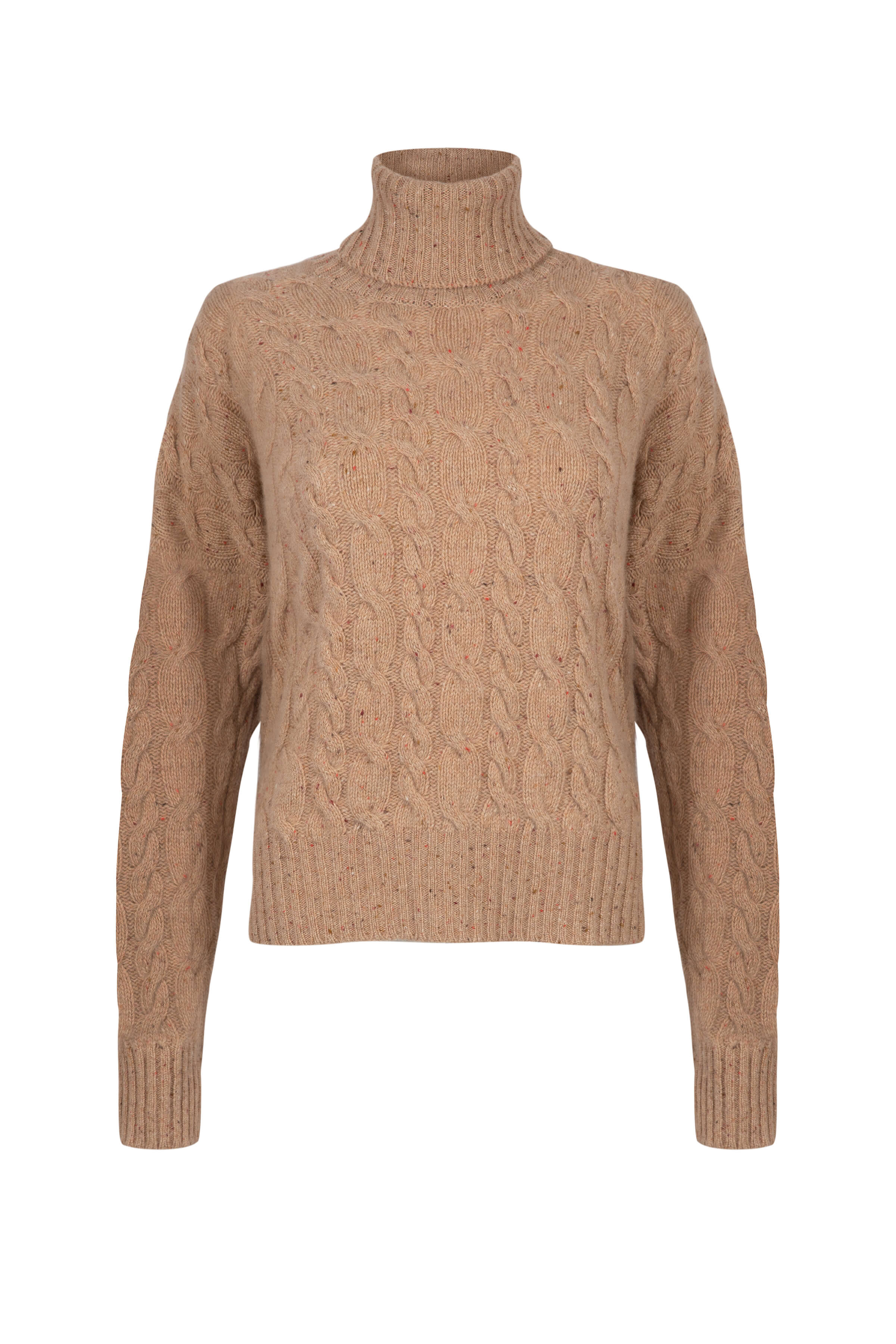 Johnstons of Elgin - Cable Cashmere Camel Roll Neck Jumper