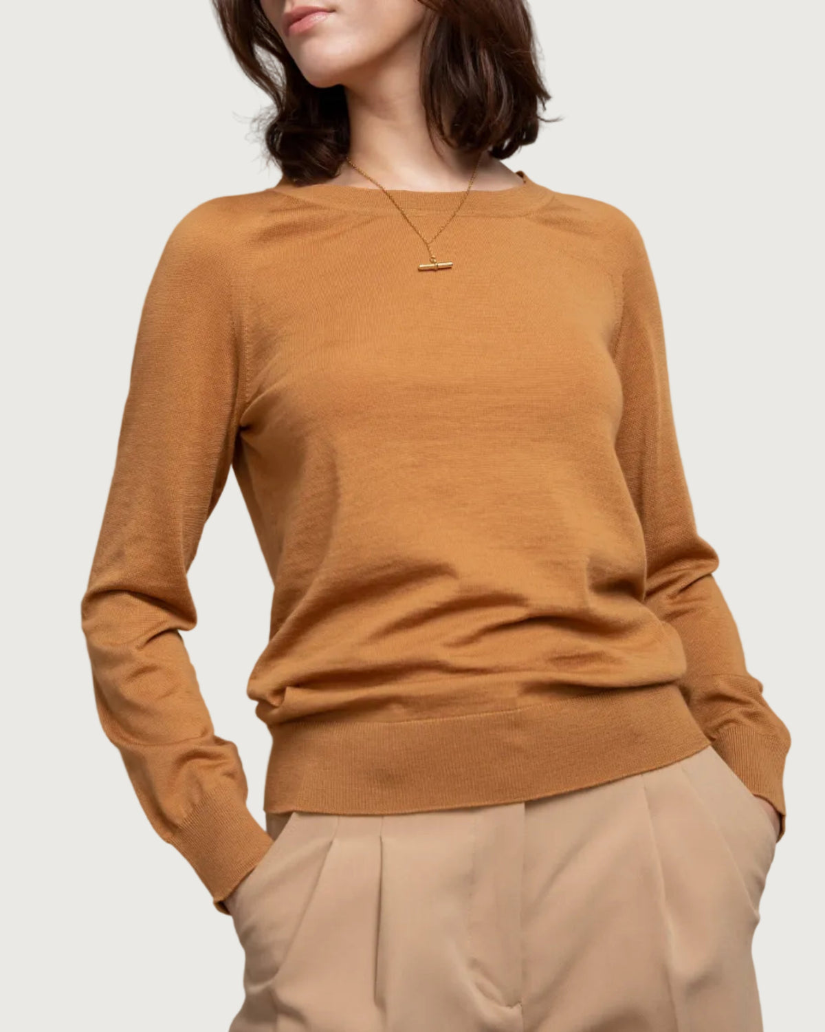 Johnstons of Elgin - Women's Golden Brown Superfine Merino Ballet - Neck Jumper