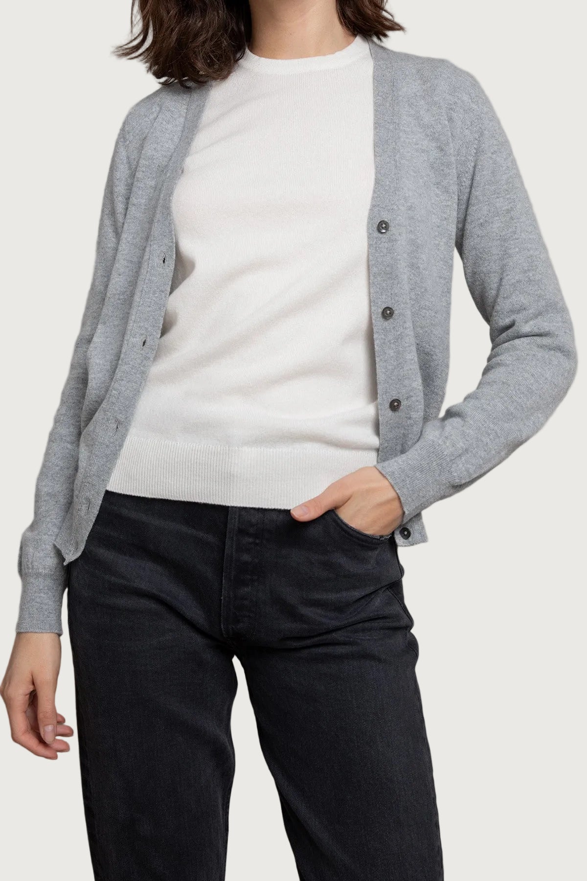 Johnstons of Elgin - Light Grey Cashmere V Neck Cardigan