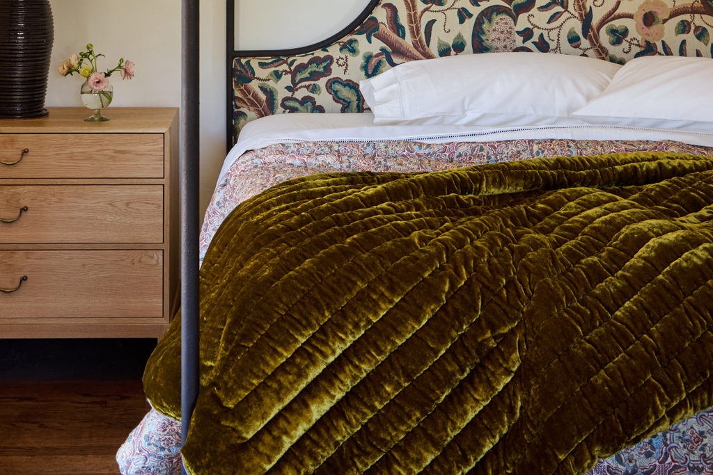 Nicky Kehoe - Golden Velvet and Grey Linen Throw