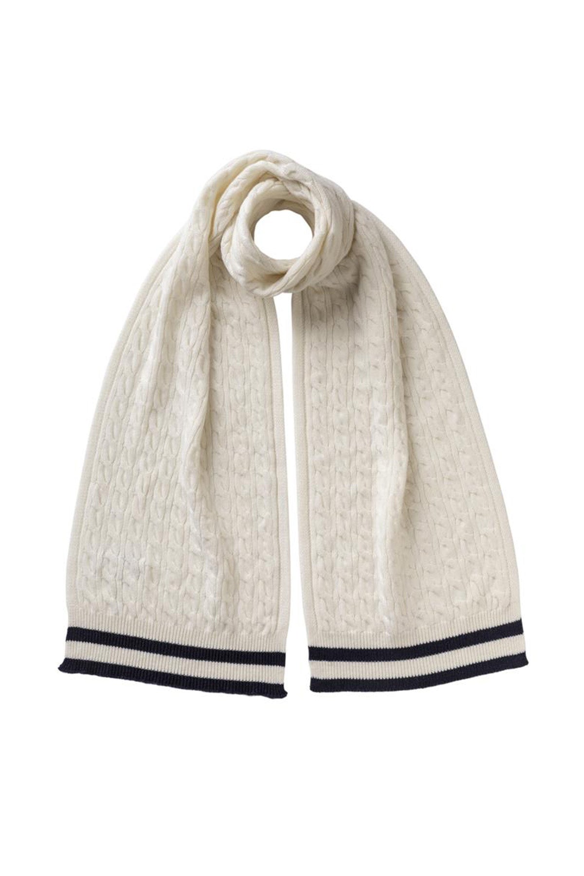 Johnstons of Elgin - Knitted Cable Stripe White & Navy Scarf