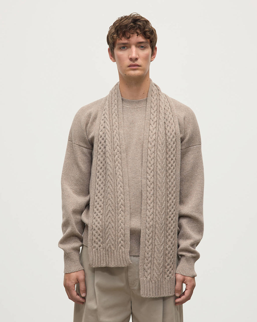 Johnstons of Elgin - Aran Cable Light Brown Cashmere Scarf