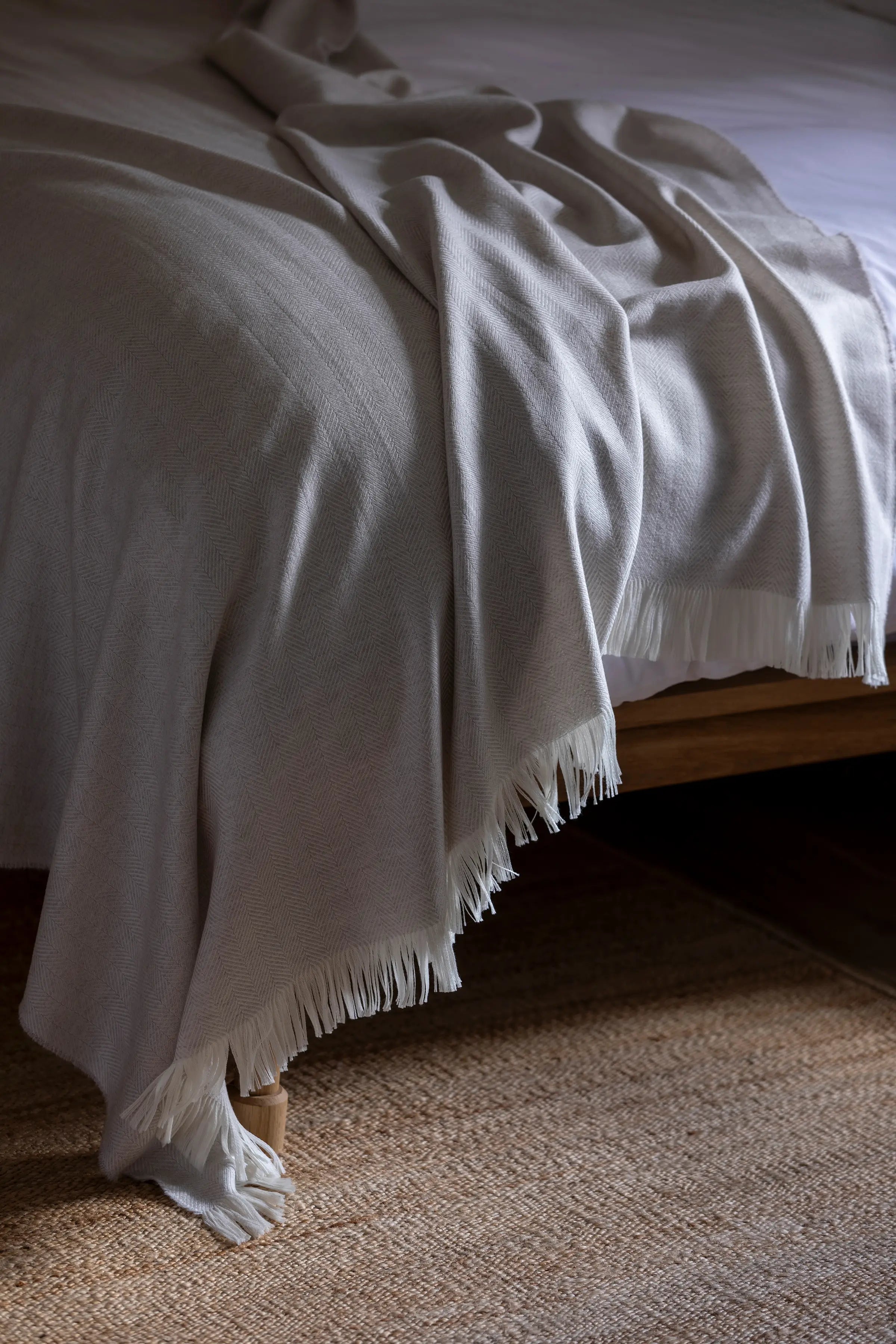 Johnstons of Elgin - Herringbone Merino Bed Throw in Silver Birch