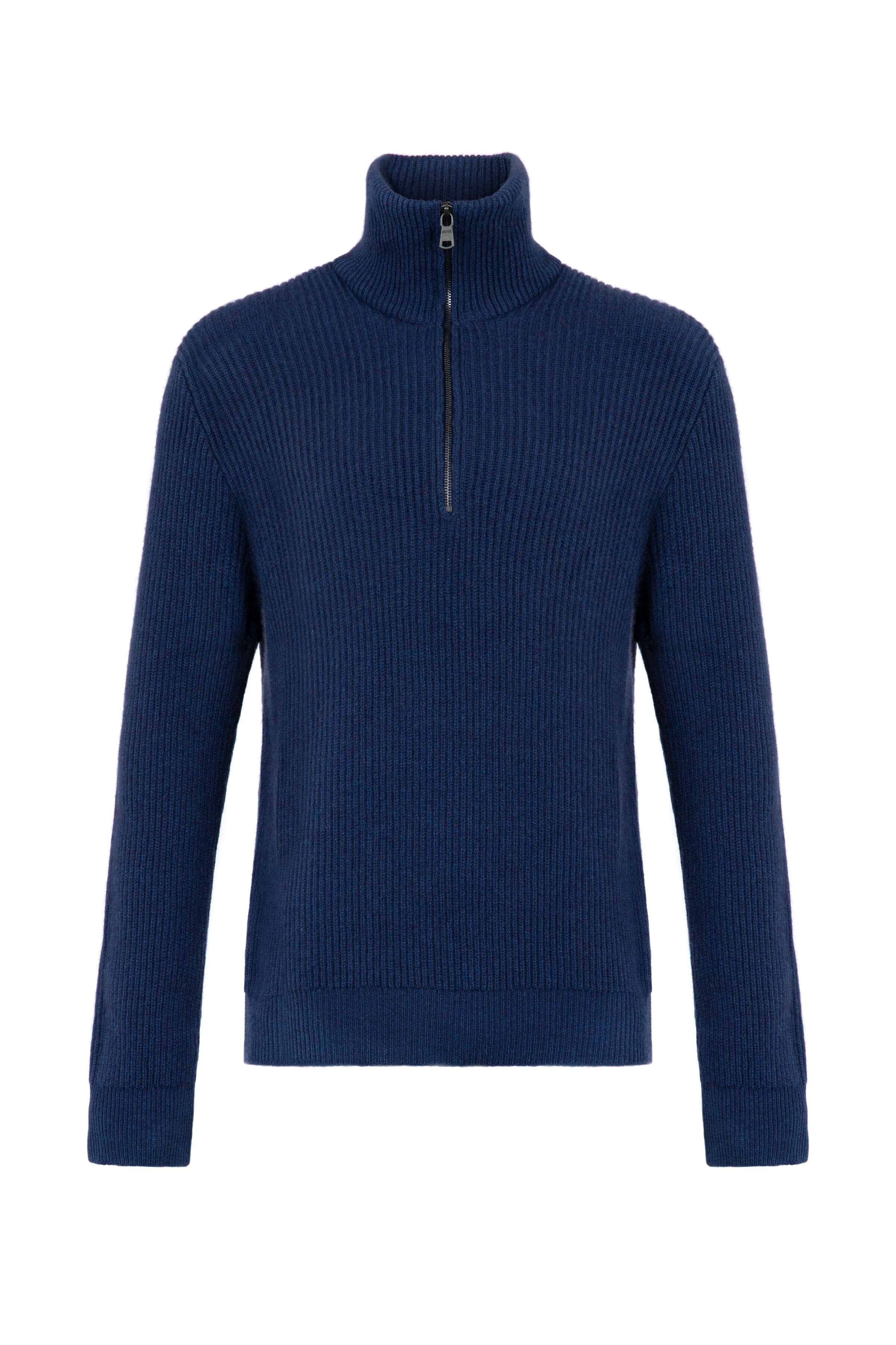 Johnstons of Elgin - Ribbed Cashmere Zip Neck Mid Blue Jumper