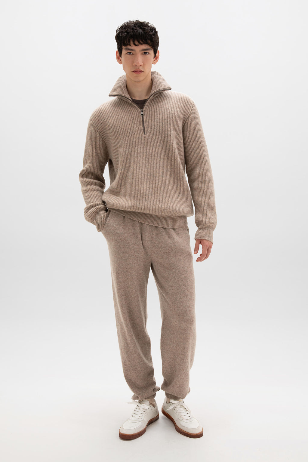 Johnstons of Elgin - Ribbed Cashmere Zip Neck Light Brown Jumper