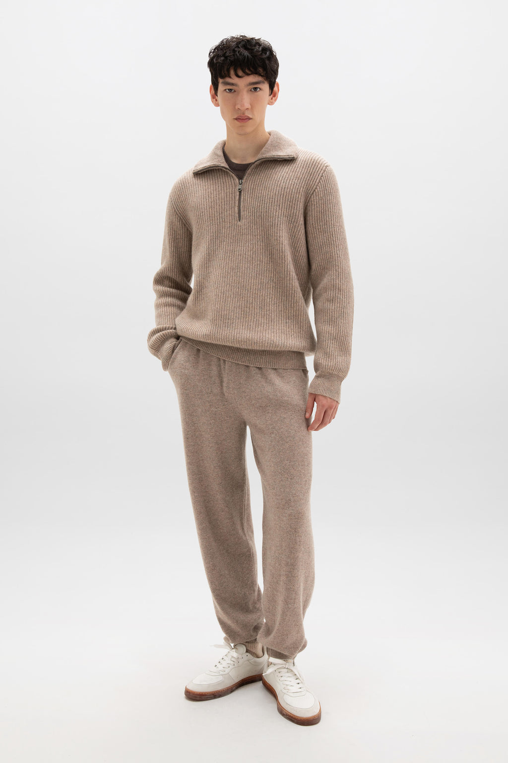 Johnstons of Elgin - Ribbed Cashmere Zip Neck Light Brown Jumper