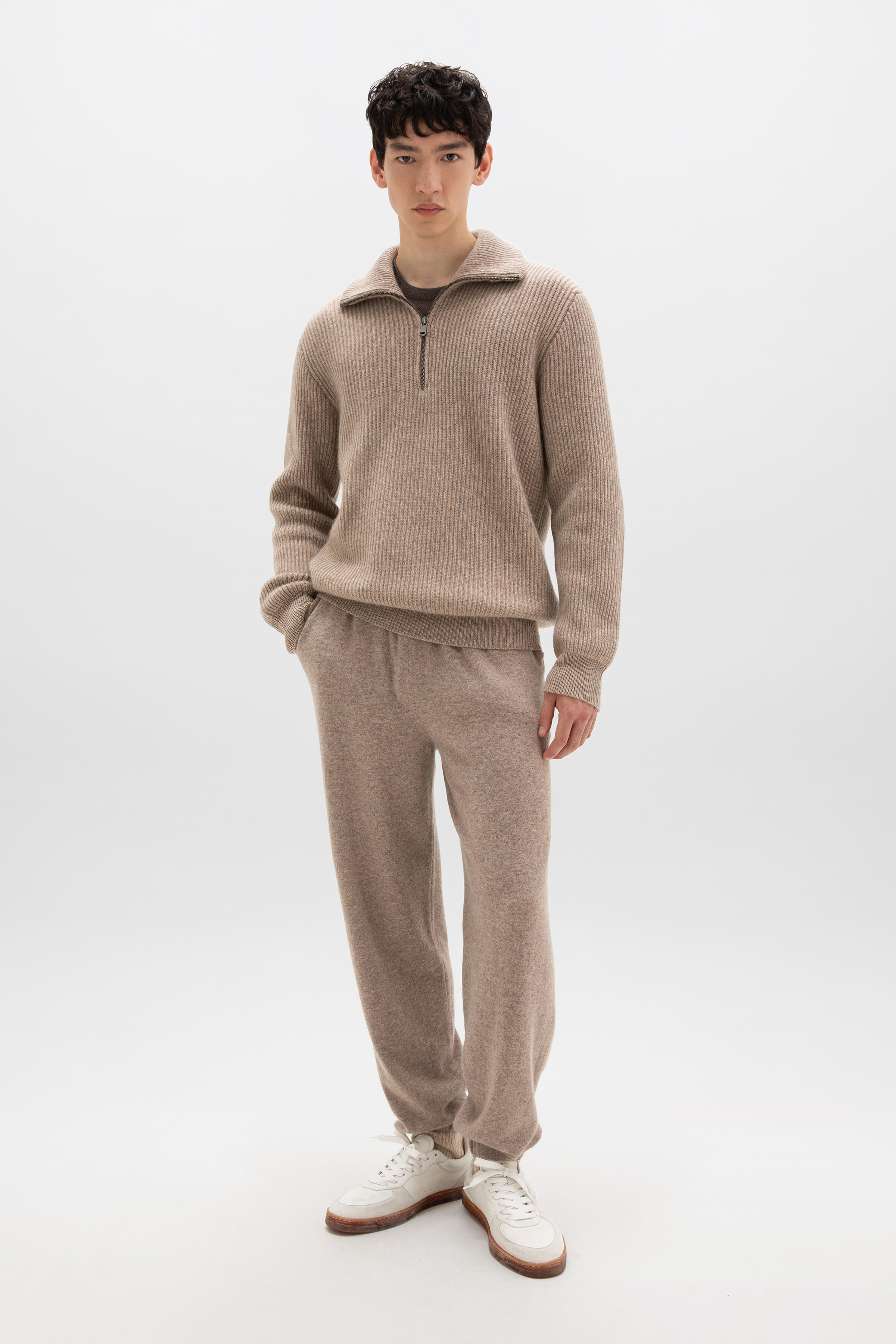 Johnstons of Elgin - Ribbed Cashmere Zip Neck Light Brown Jumper