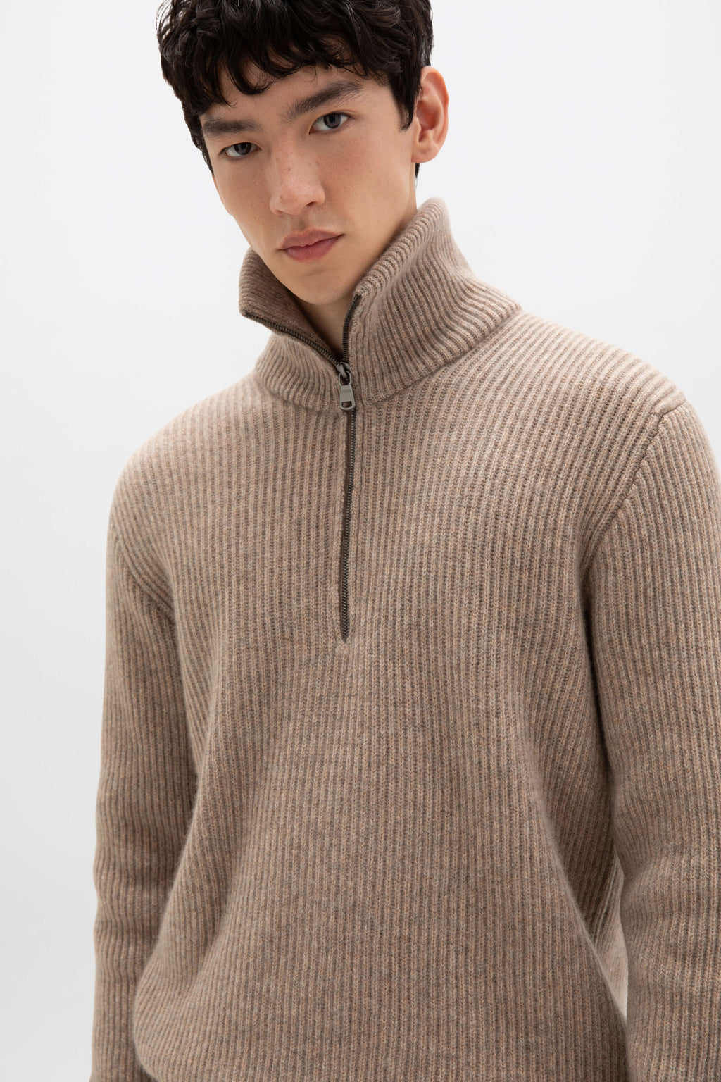 Johnstons of Elgin - Ribbed Cashmere Zip Neck Light Brown Jumper