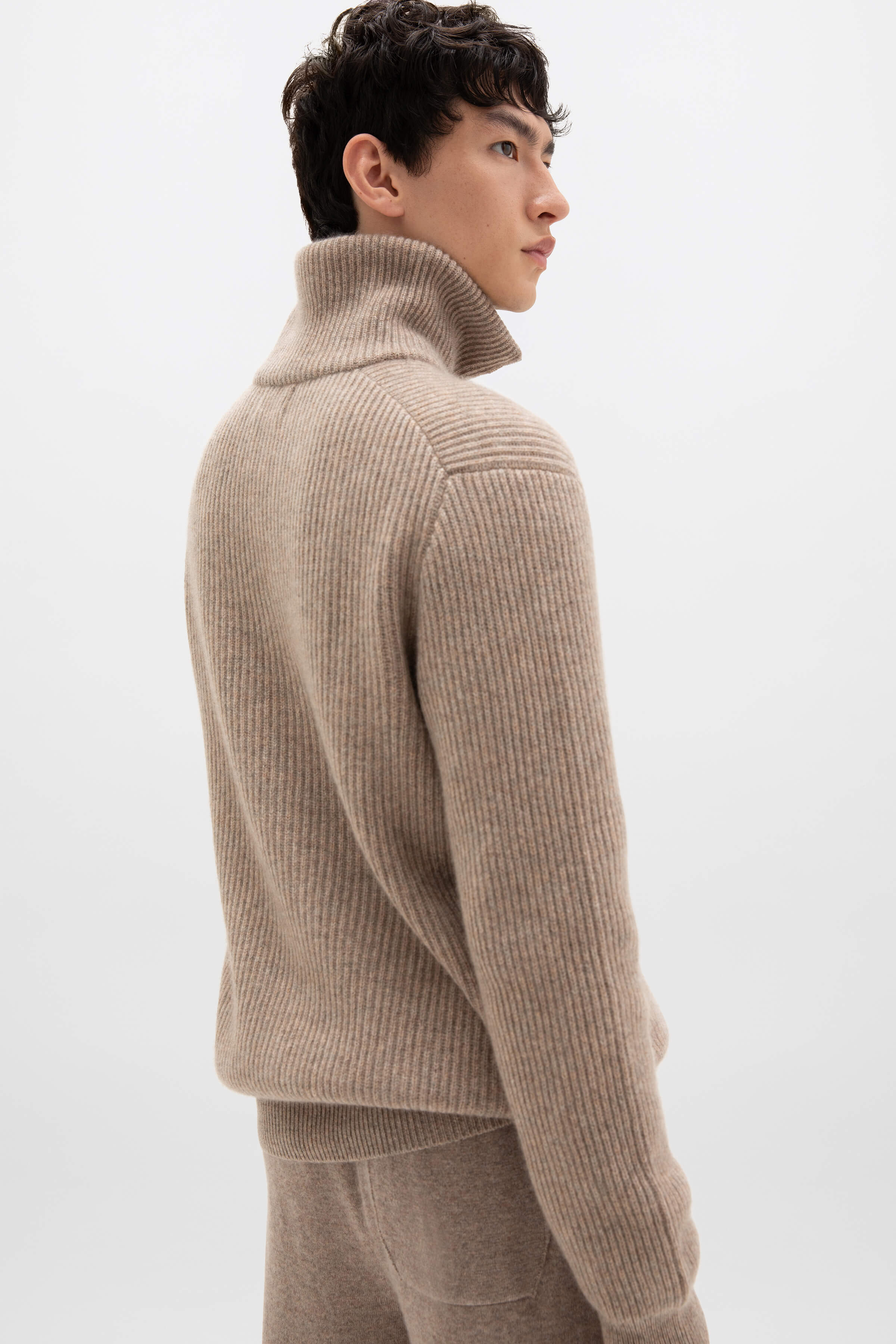 Johnstons of Elgin - Ribbed Cashmere Zip Neck Light Brown Jumper