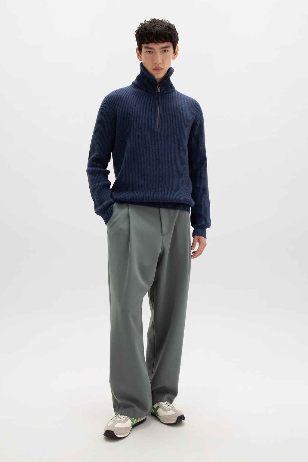 Johnstons of Elgin - Ribbed Cashmere Zip Neck Mid Blue Jumper