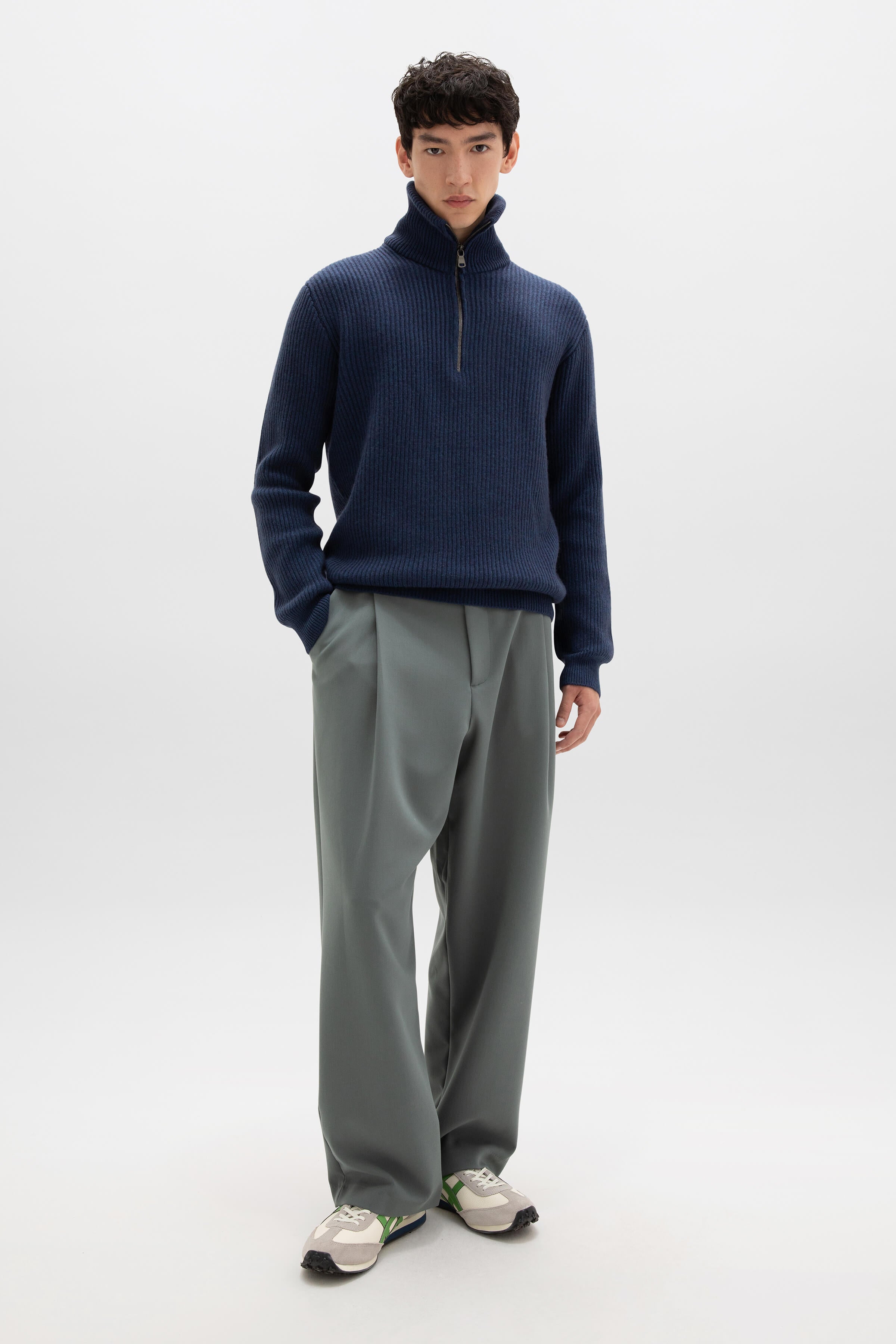 Johnstons of Elgin - Ribbed Cashmere Zip Neck Mid Blue Jumper