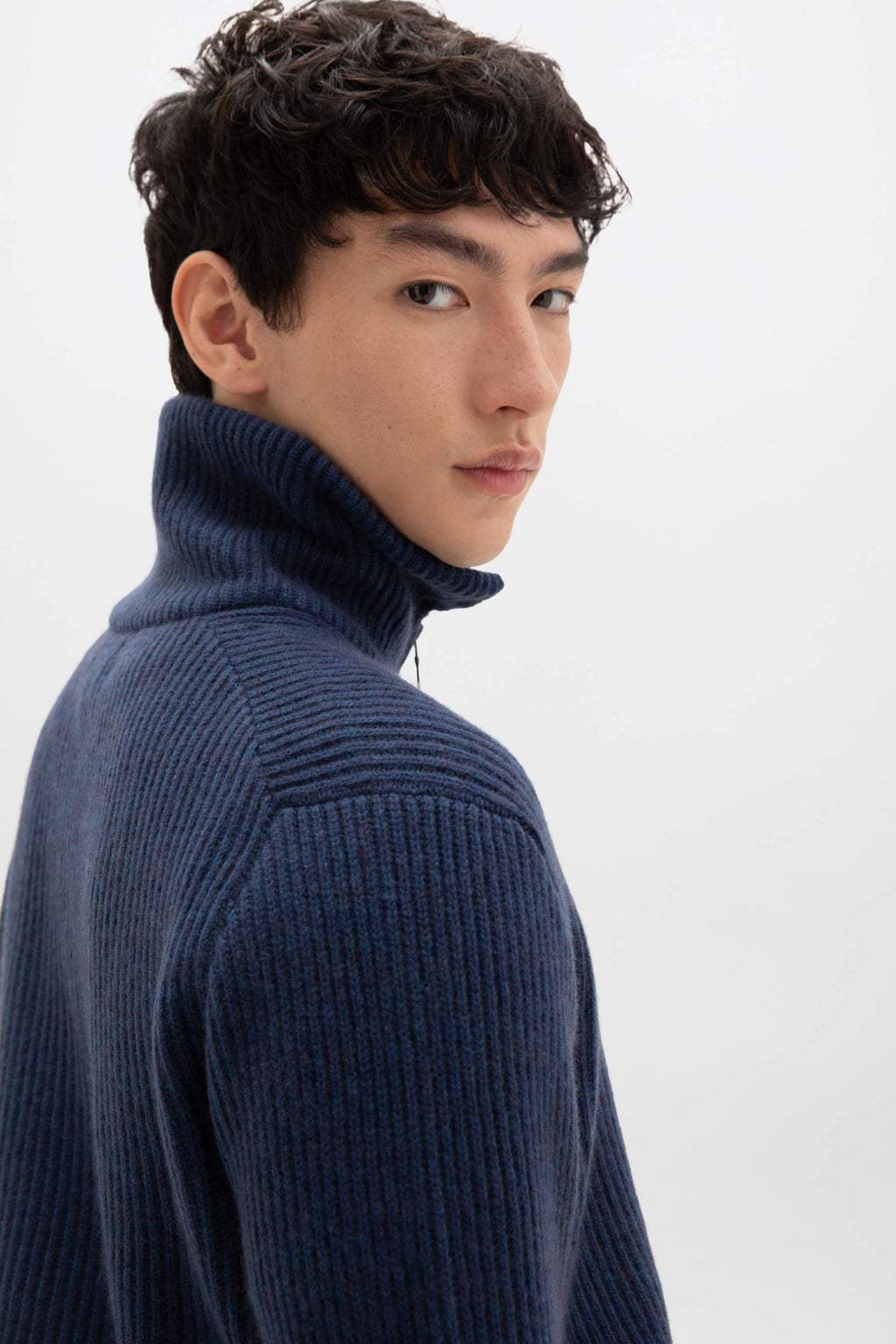 Johnstons of Elgin - Ribbed Cashmere Zip Neck Mid Blue Jumper