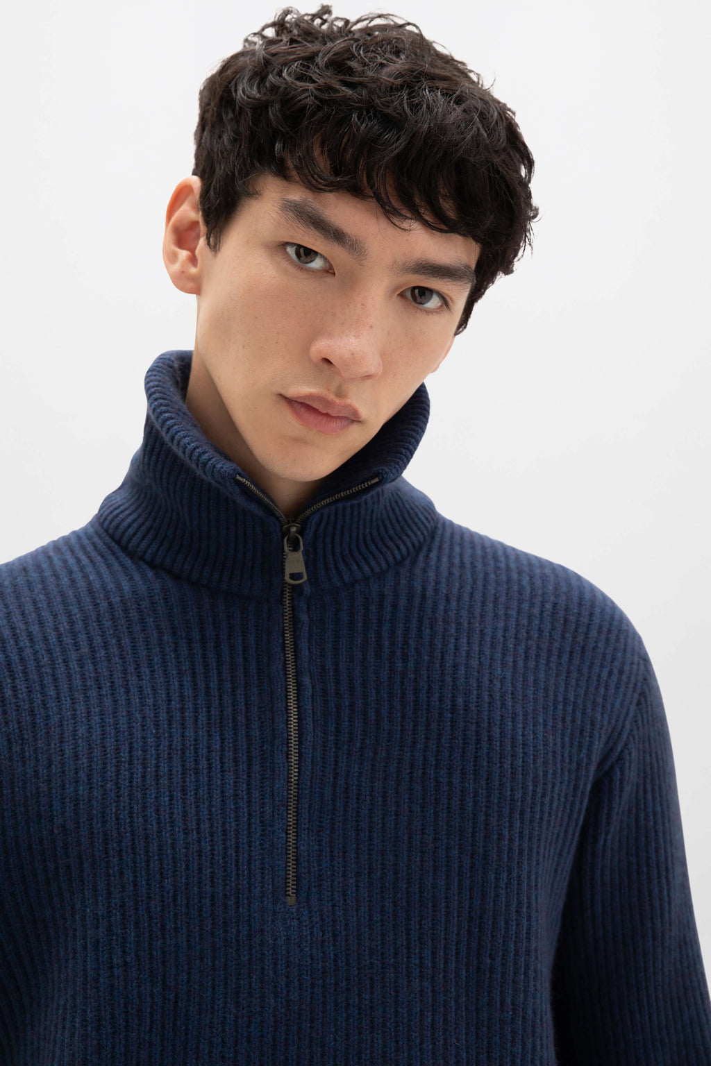 Johnstons of Elgin - Ribbed Cashmere Zip Neck Mid Blue Jumper
