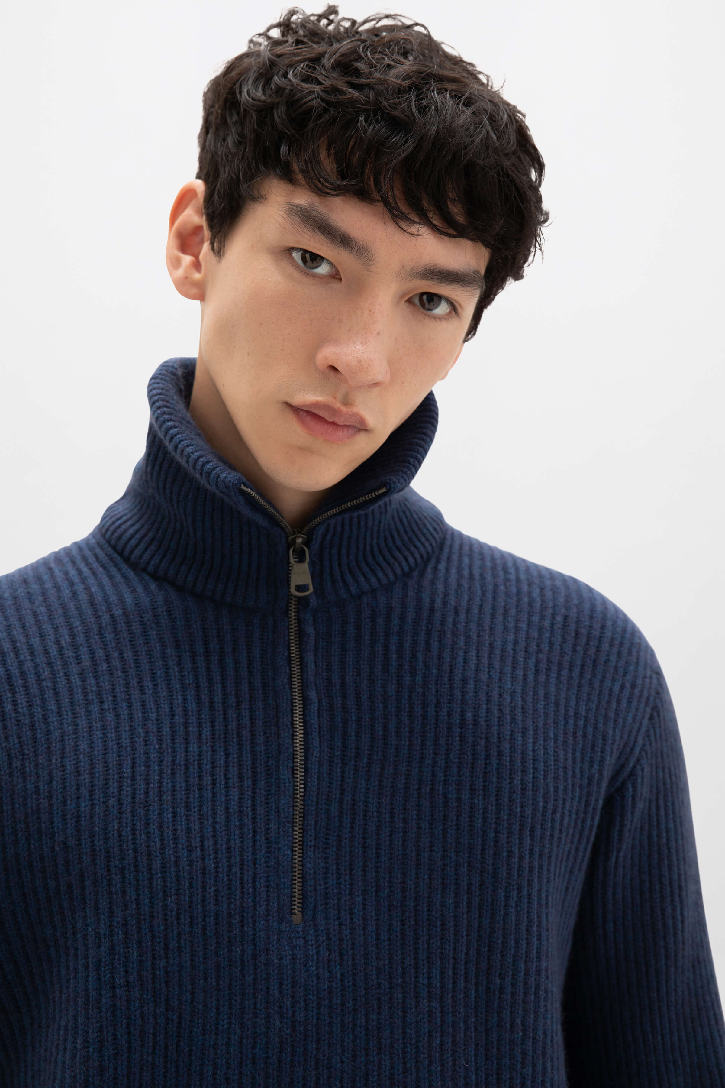 Johnstons of Elgin - Ribbed Cashmere Zip Neck Mid Blue Jumper
