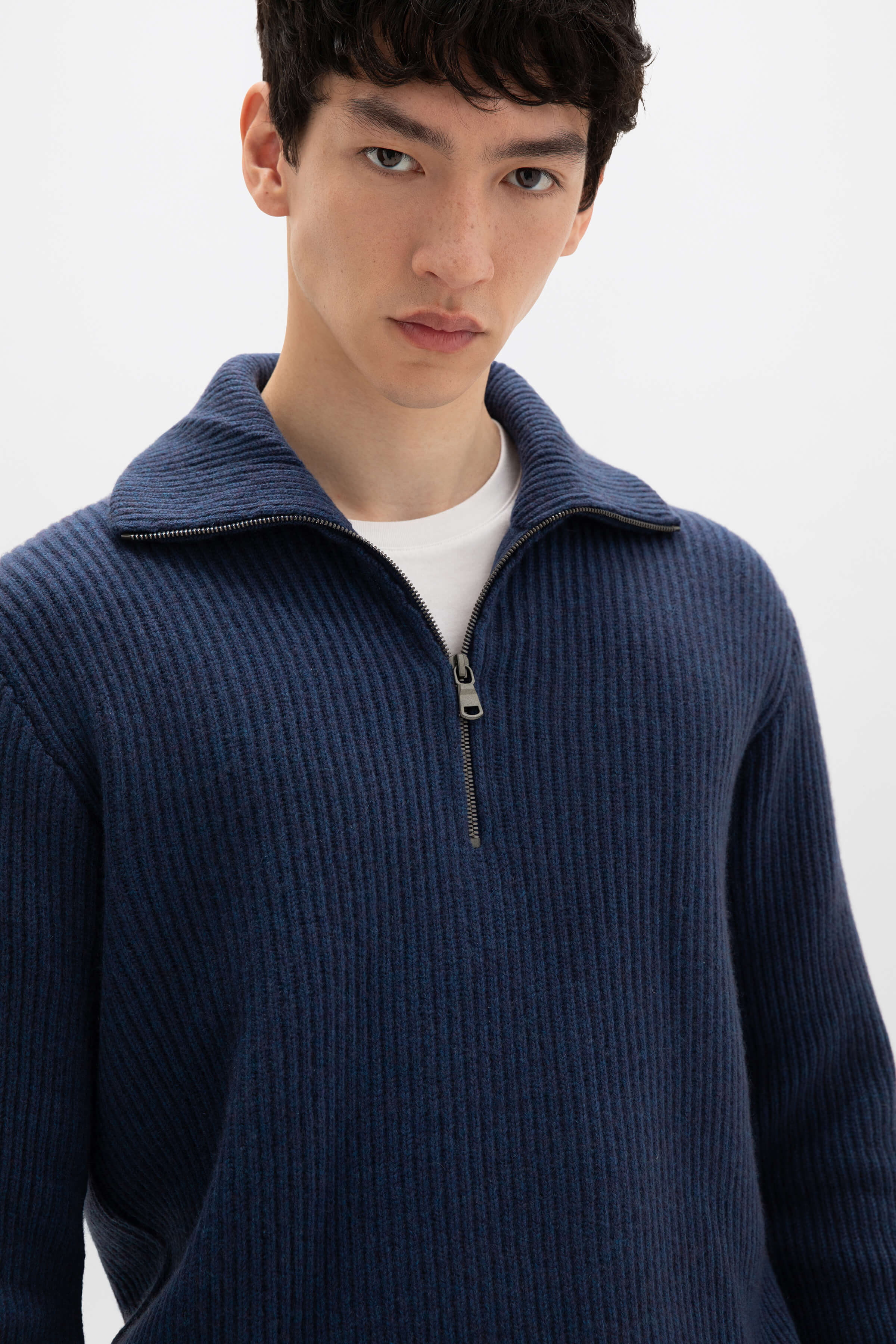 Johnstons of Elgin - Ribbed Cashmere Zip Neck Mid Blue Jumper