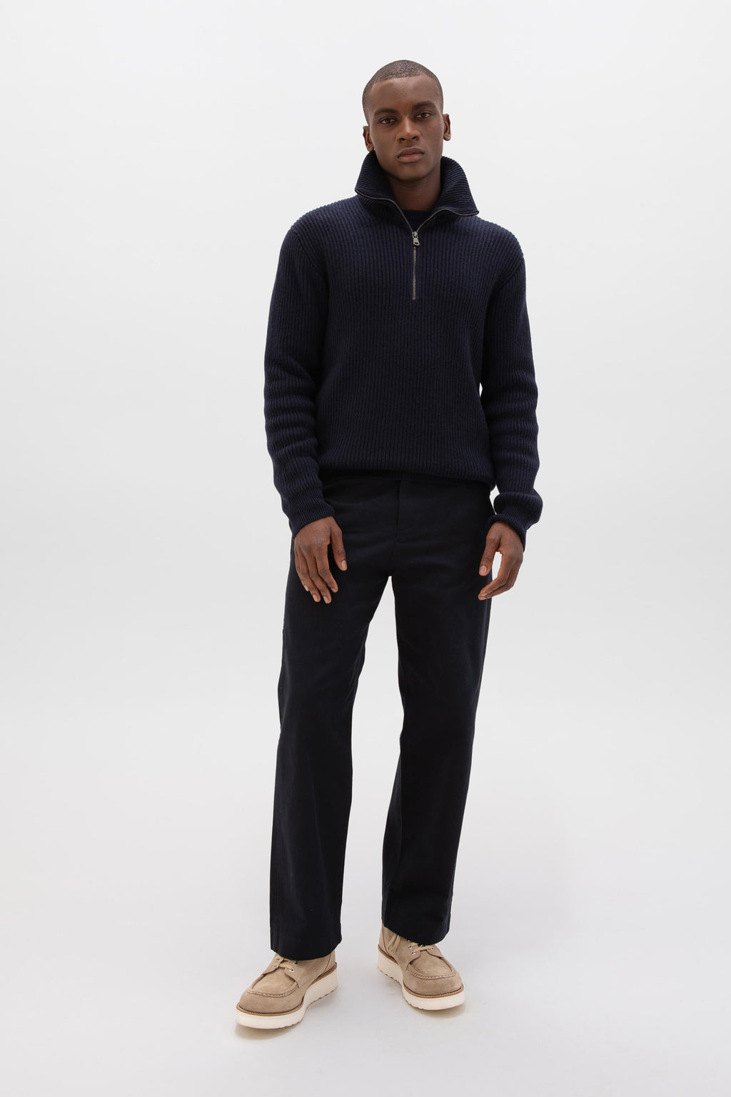 Johnstons of Elgin - Ribbed Cashmere Dark Navy Zip Neck Jumper