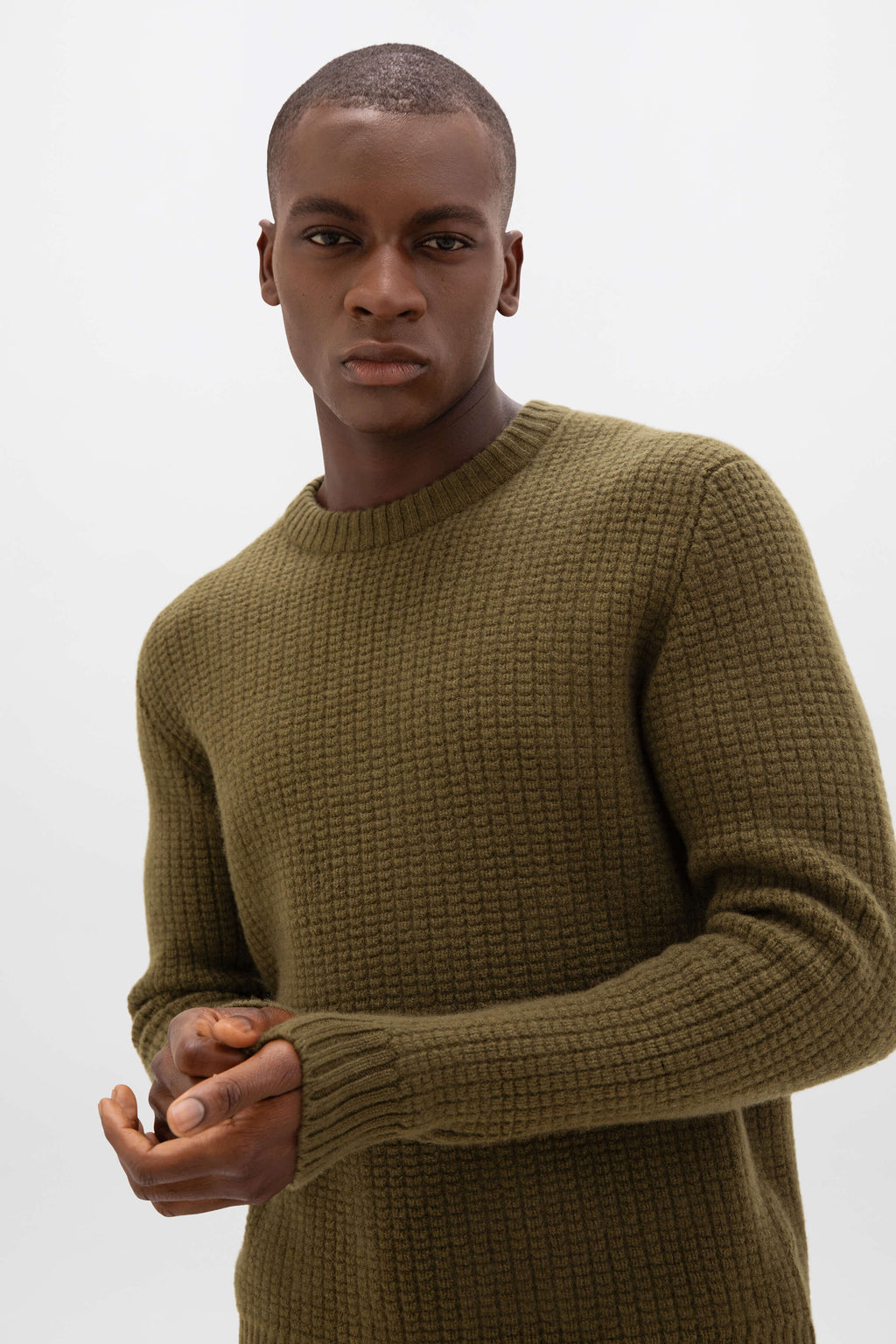 Johnstons of Elgin - Waffle Textured Olive Green Cashmere Jumper