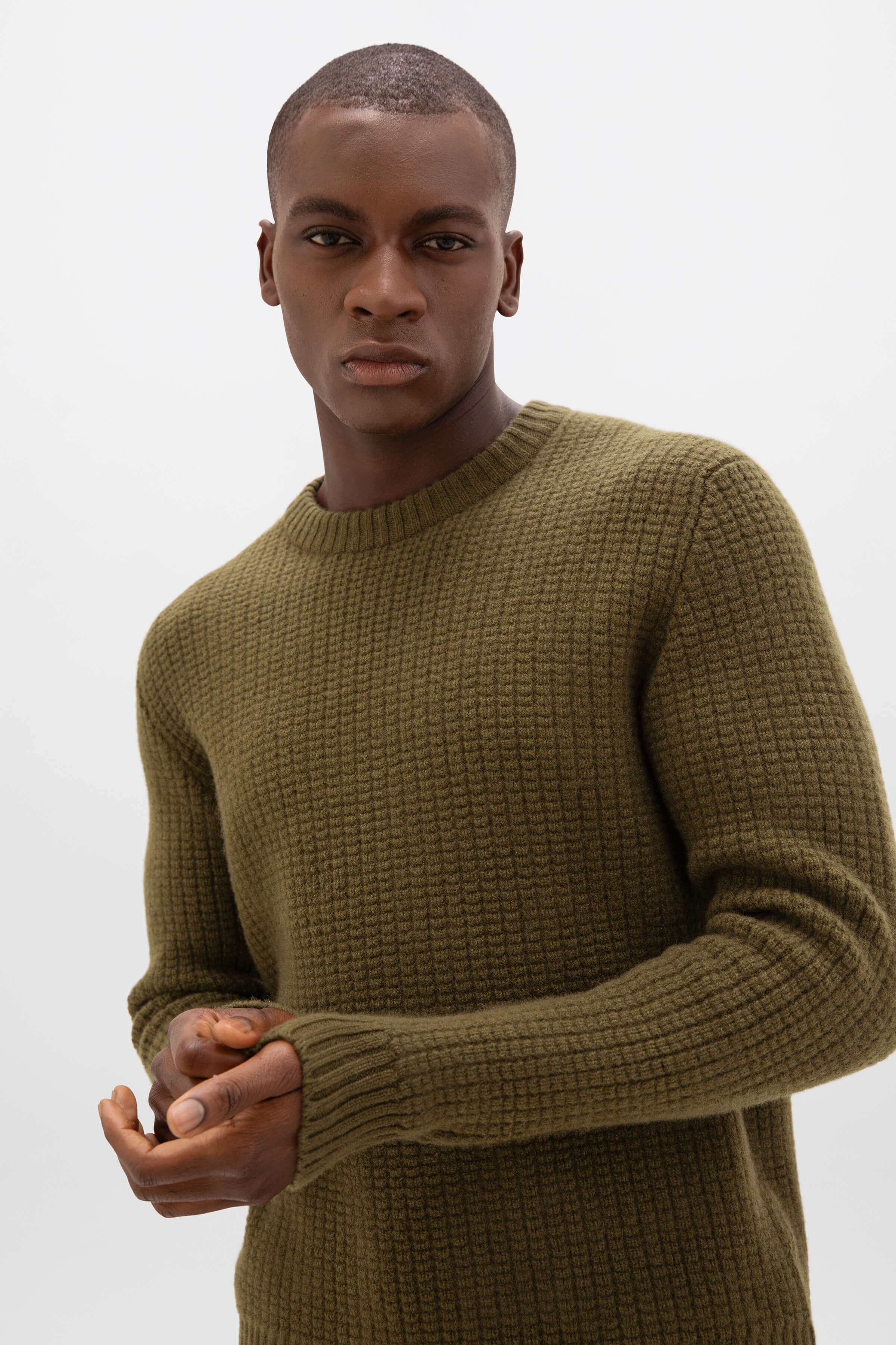 Johnstons of Elgin - Waffle Textured Olive Green Cashmere Jumper