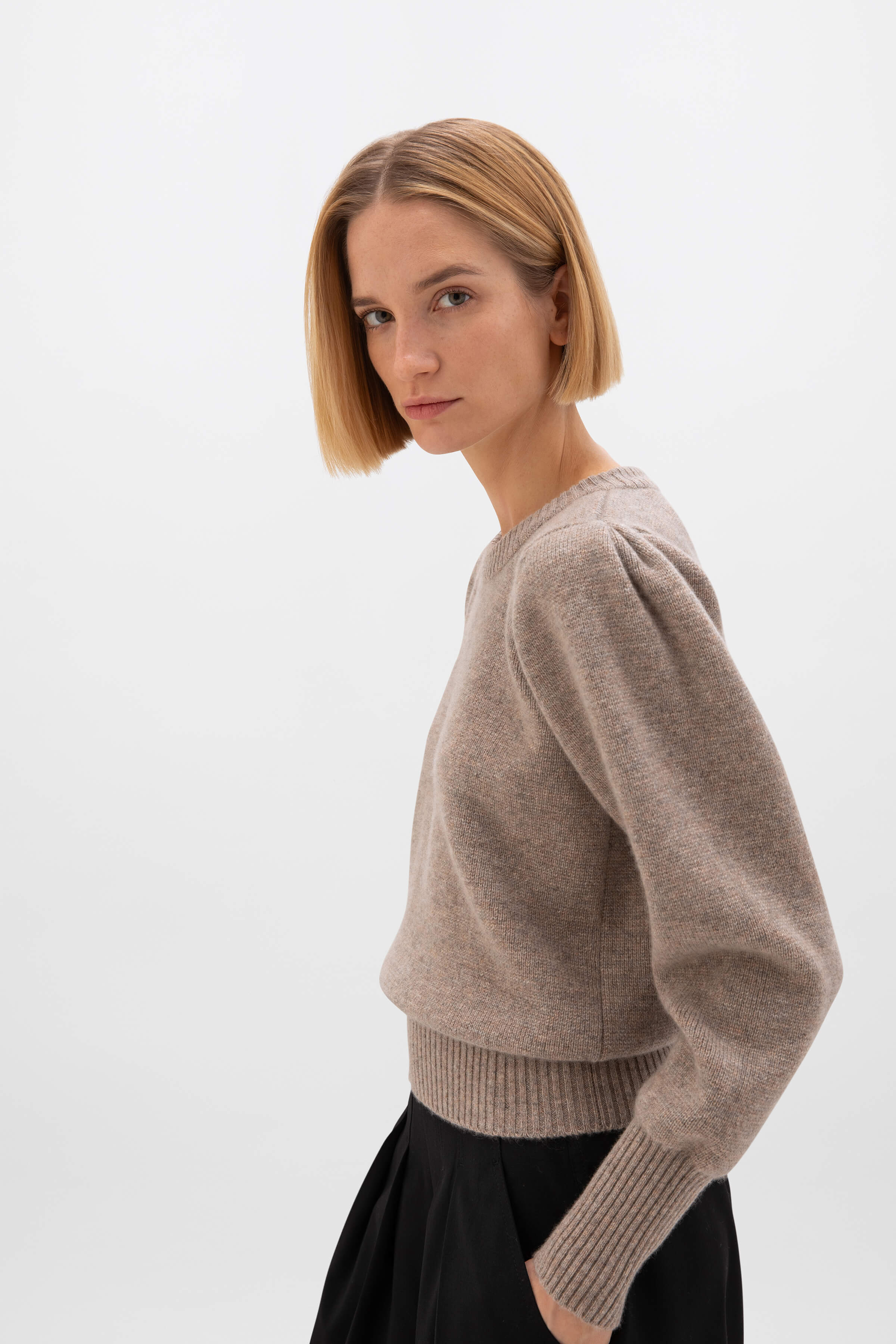 Johnstons of Elgin - Puff Sleeve Light Brown Cashmere Jumper