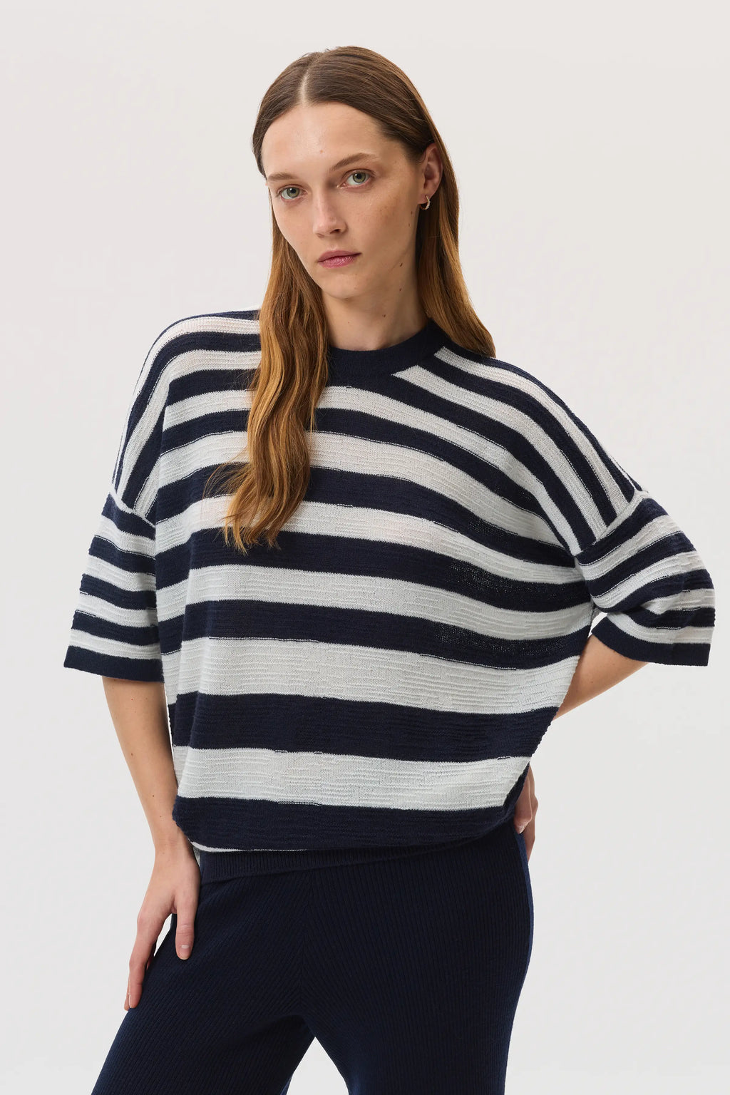 Johnstons of Elgin - Textured Stripe Oversized Cashmere T - Shirt