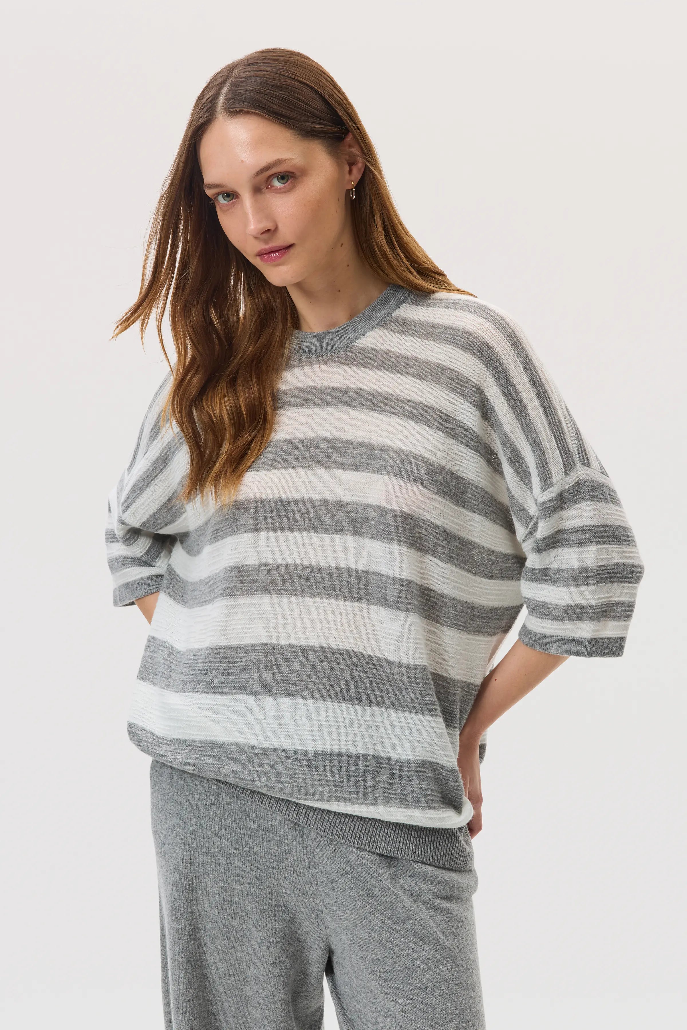 Johnstons of Elgin - Textured Stripe Oversized Cashmere T - Shirt