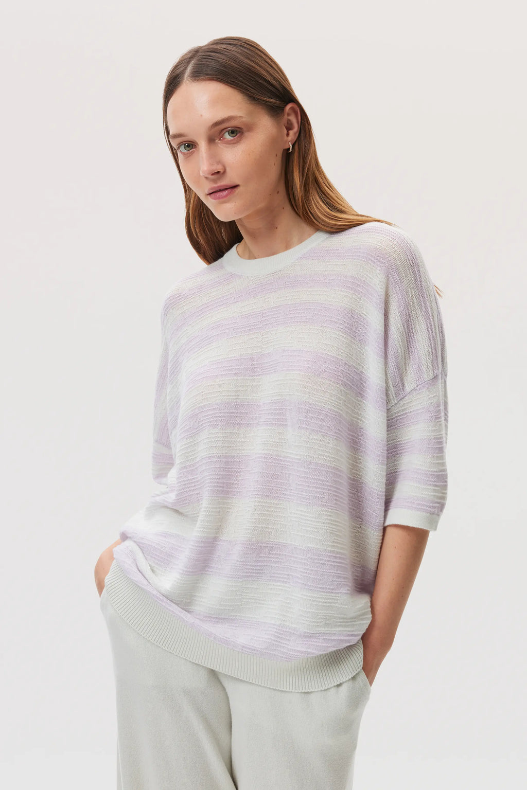 Johnstons of Elgin - Textured Stripe Oversized Cashmere T - Shirt