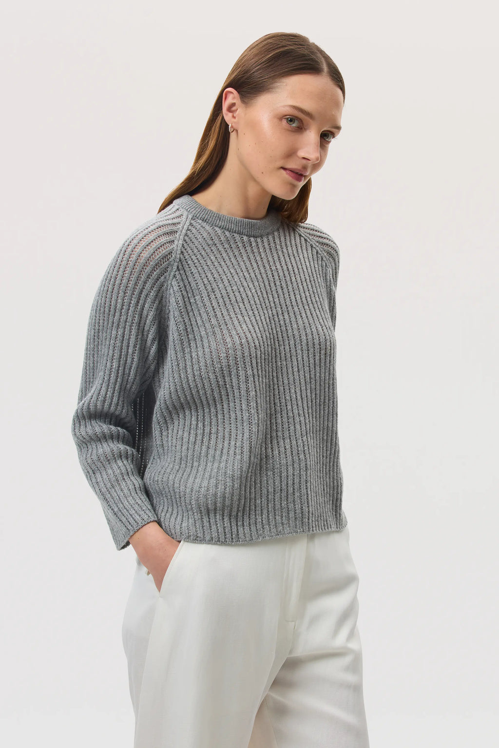Johnstons of Elgin - Mesh Rib Cashmere Light Grey Jumper