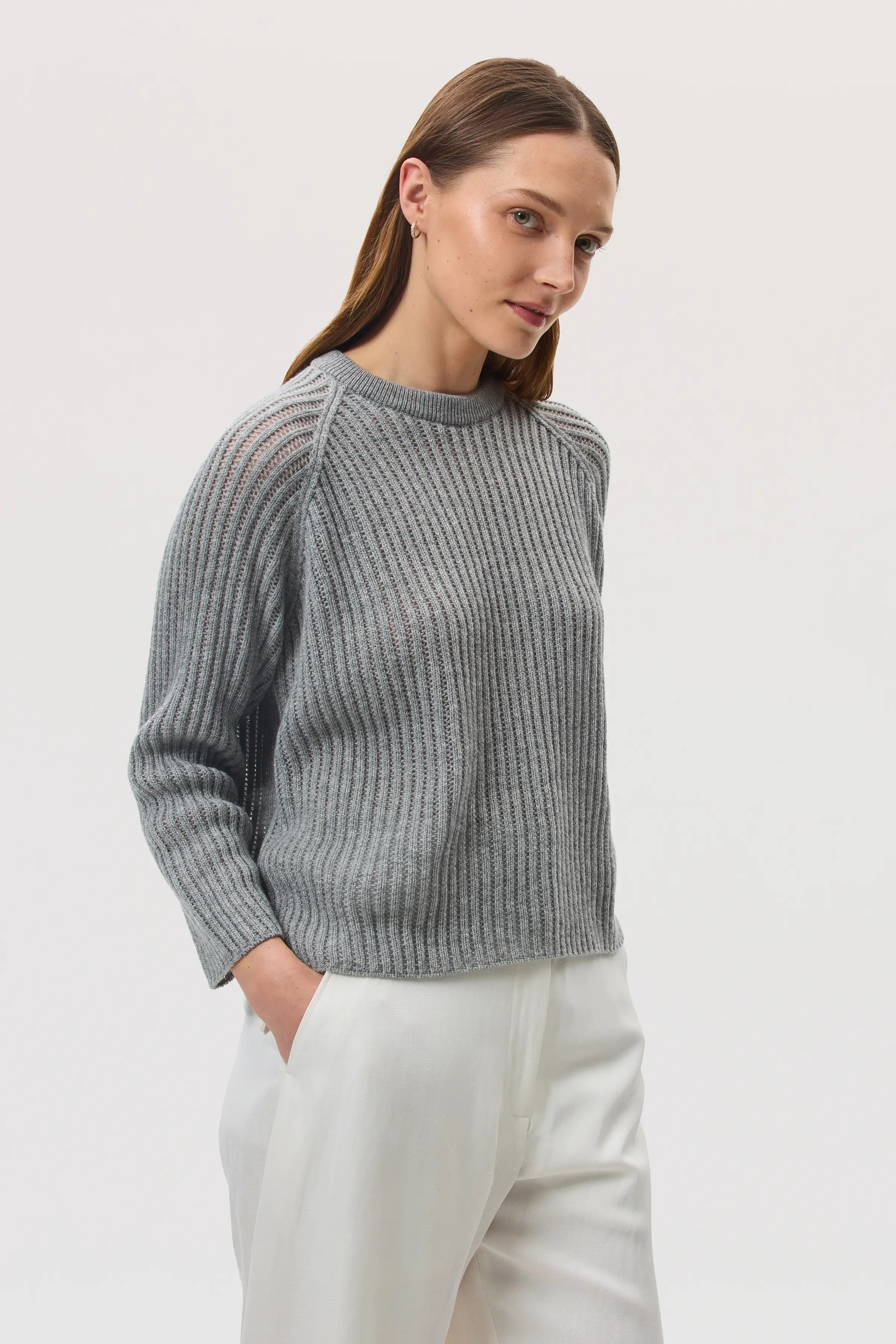 Johnstons of Elgin - Mesh Rib Cashmere Light Grey Jumper