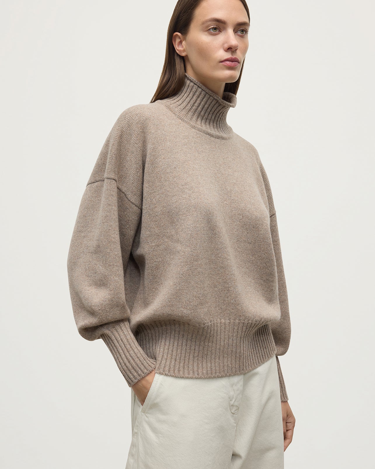 Johnstons of Elgin - High Neck Light Brown Cashmere Jumper