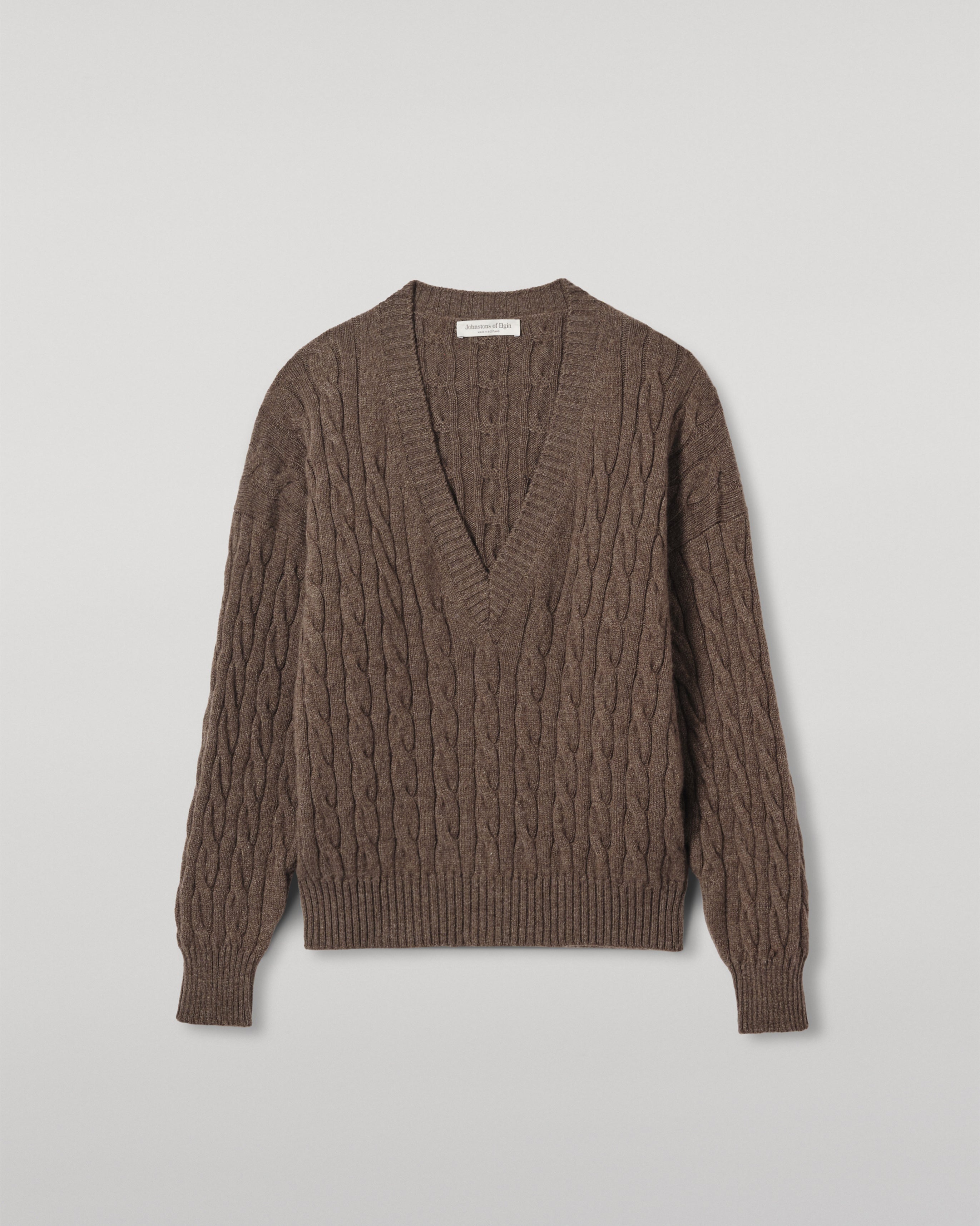 Johnstons of Elgin - Kylesku Deep V Brown Cashmere Jumper