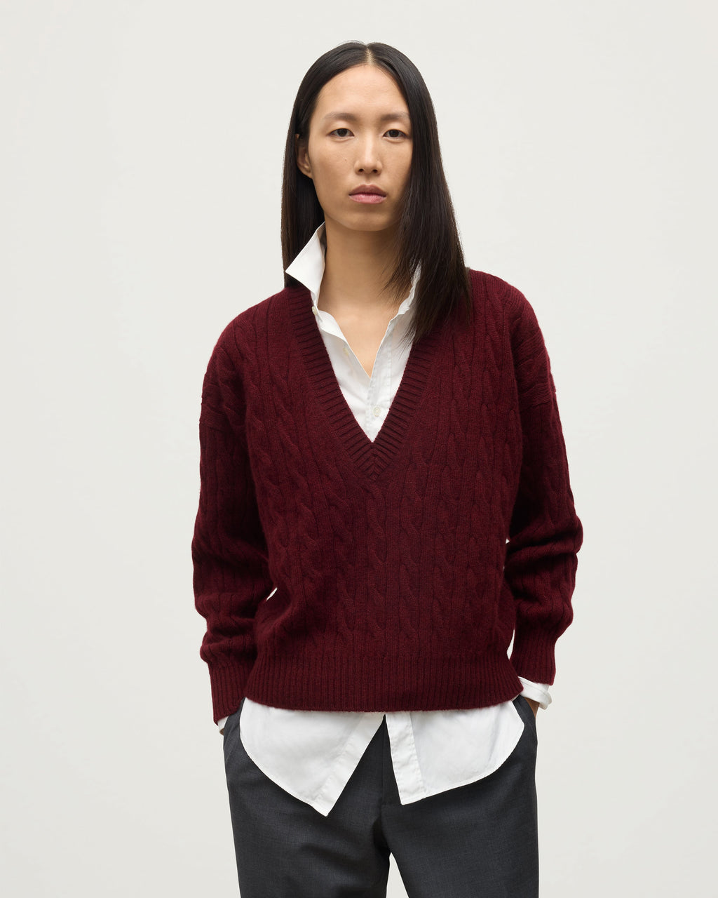 Johnstons of Elgin - Kylesku Deep V Dark Red Cashmere Jumper