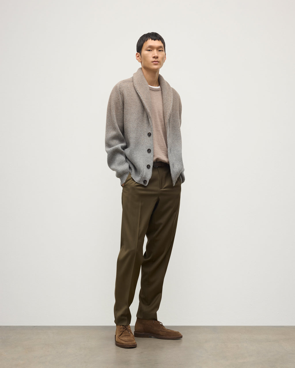 Johnstons of Elgin - Pioneer Light Brown to Grey Shawl Collar Cashmere Cardigan