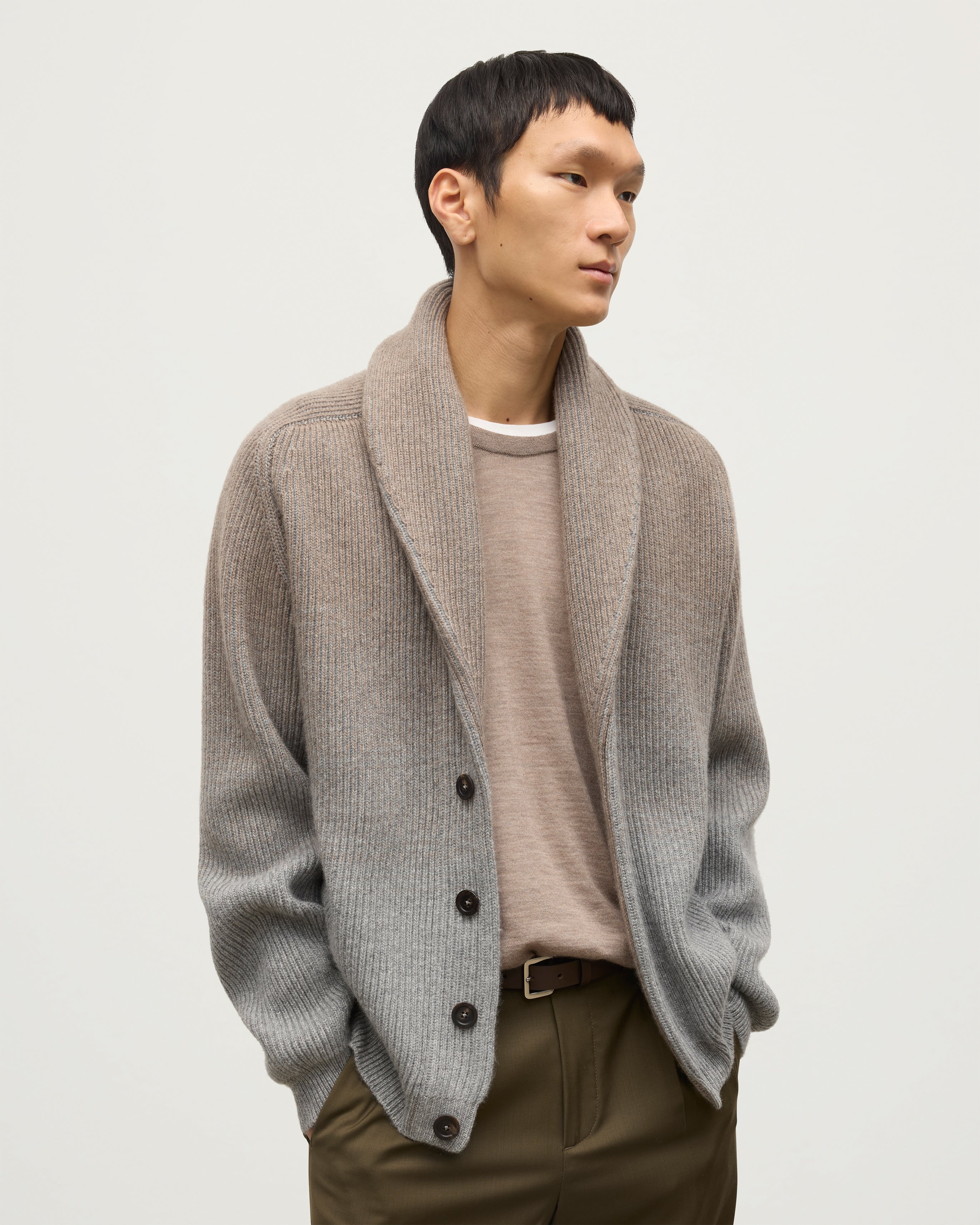 Johnstons of Elgin - Pioneer Light Brown to Grey Shawl Collar Cashmere Cardigan