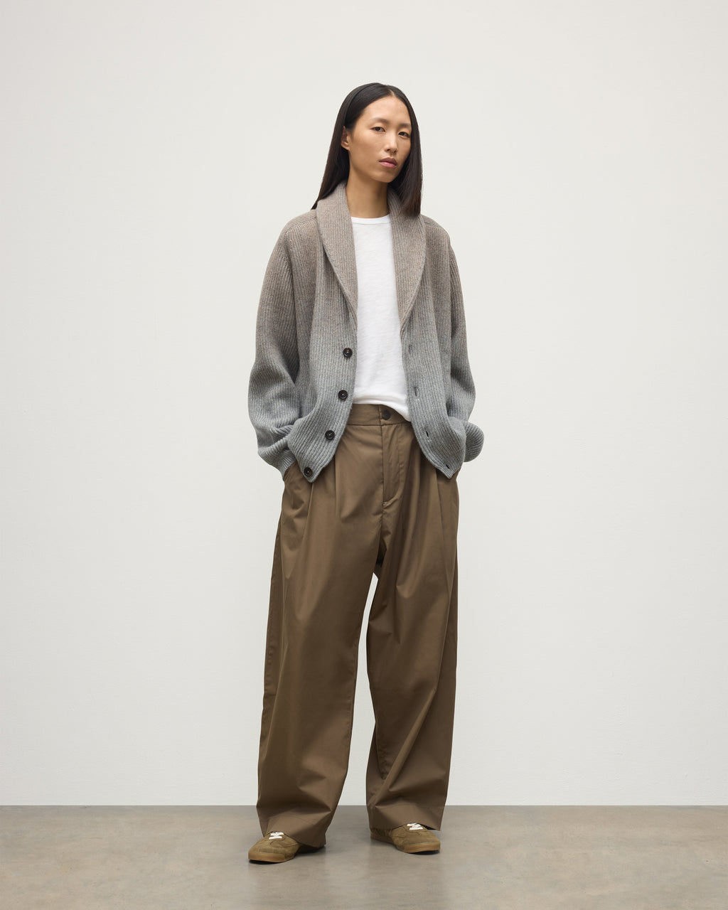 Johnstons of Elgin - Pioneer Light Brown to Grey Shawl Collar Cashmere Cardigan