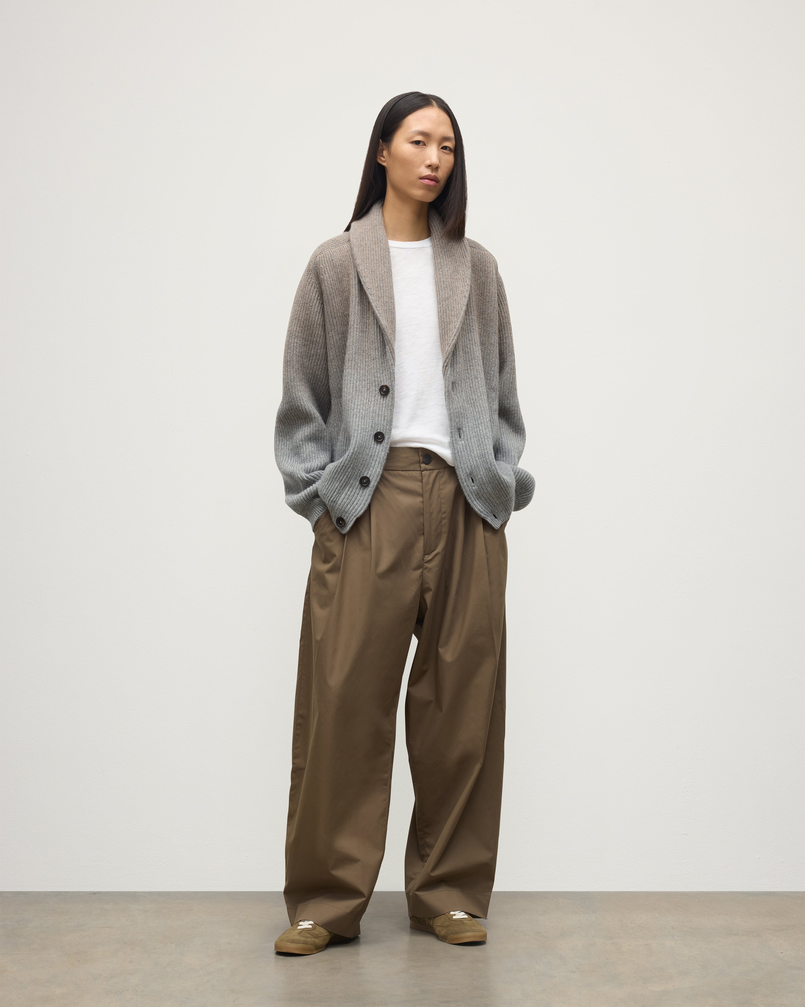 Johnstons of Elgin - Pioneer Light Brown to Grey Shawl Collar Cashmere Cardigan