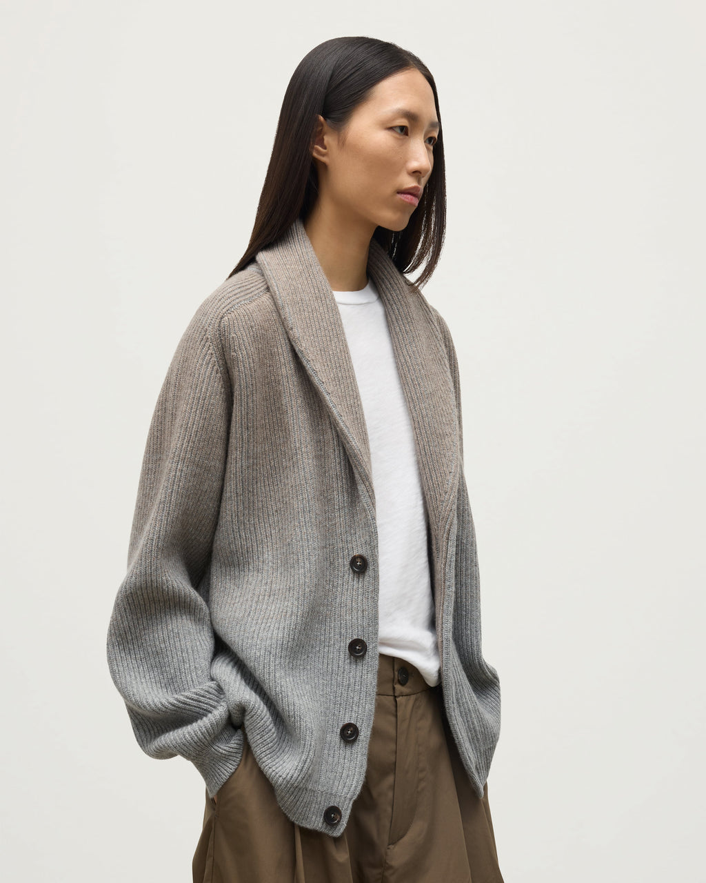 Johnstons of Elgin - Pioneer Light Brown to Grey Shawl Collar Cashmere Cardigan