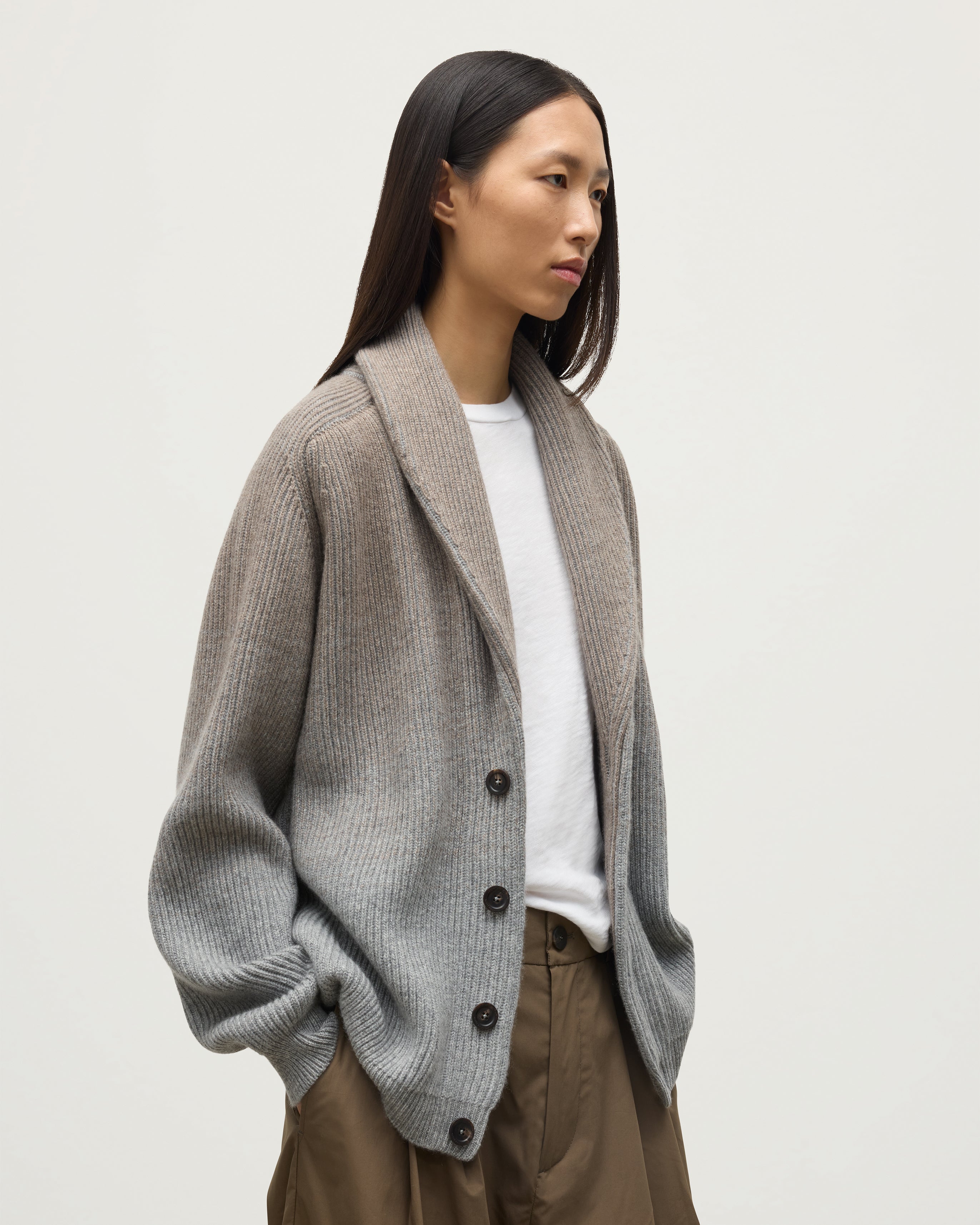 Johnstons of Elgin - Pioneer Light Brown to Grey Shawl Collar Cashmere Cardigan