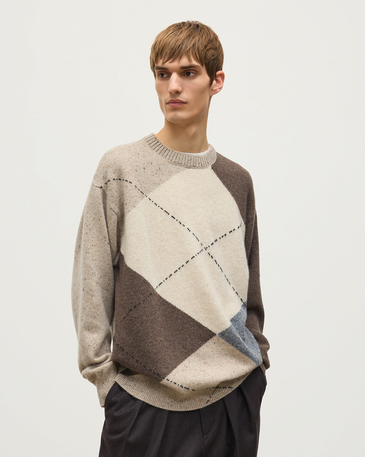 Johnstons of Elgin - Monteith Natural Exploded Argyle Donegal Cashmere Jumper
