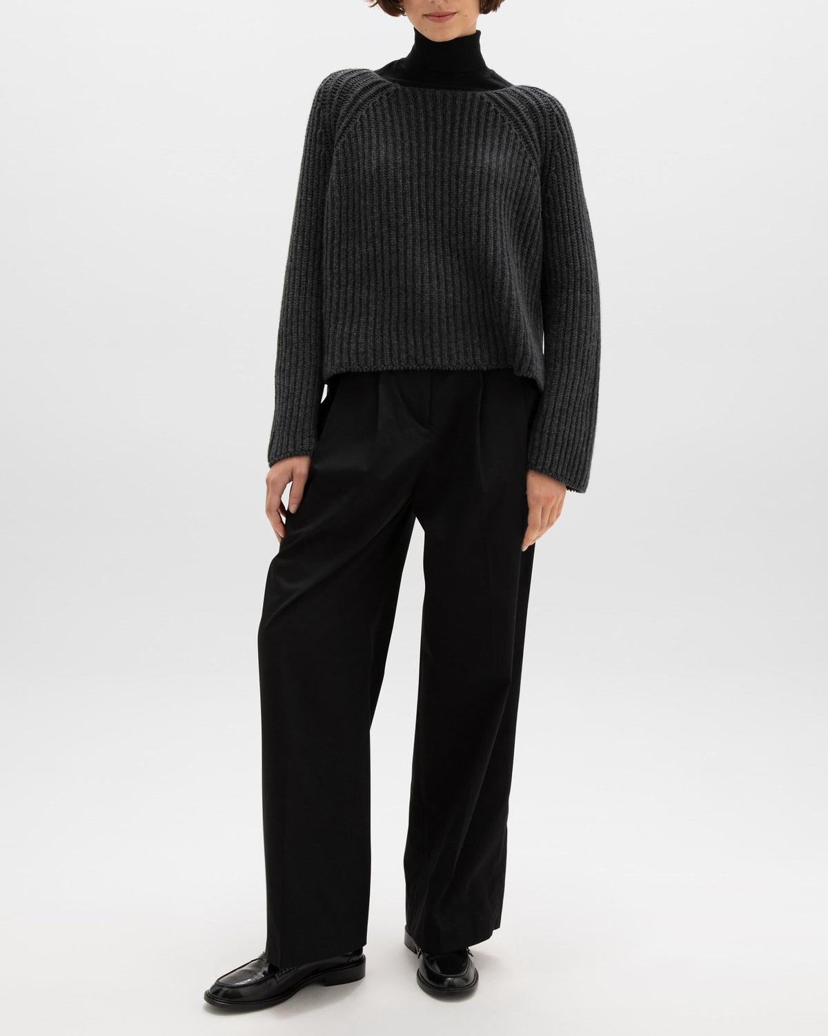 Johnstons of Elgin - Cropped Ribbed Charcoal Cashmere Jumper