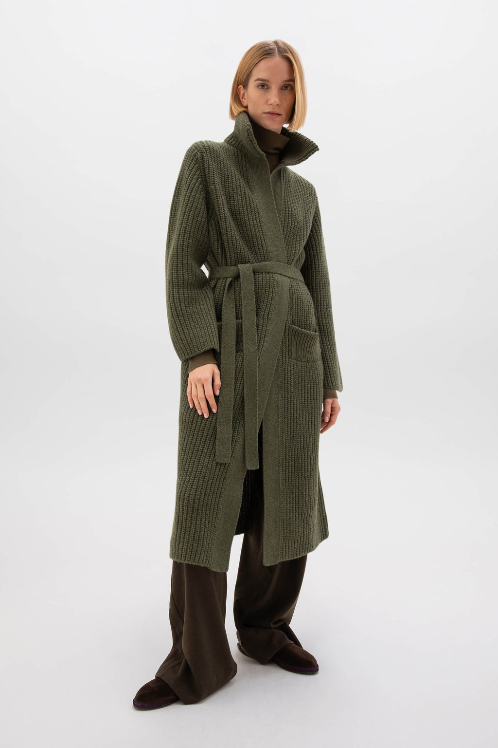 Johnstons of Elgin - Chunky Rib Knit Olive Green Cashmere Cardigan