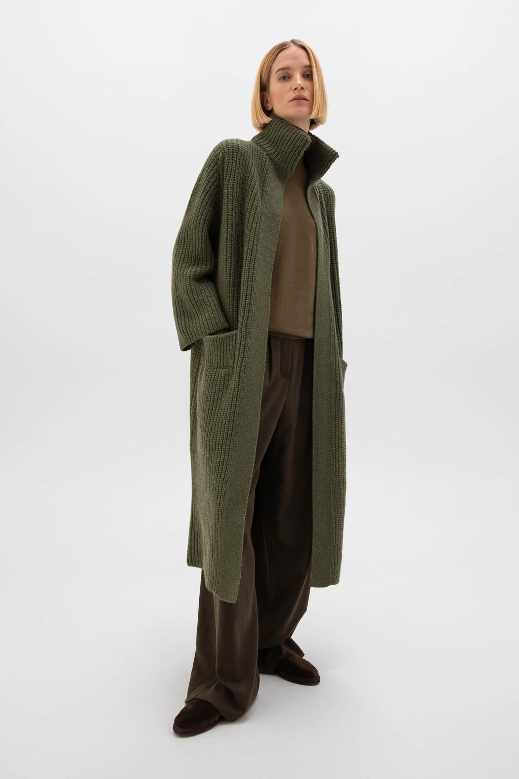 Johnstons of Elgin - Chunky Rib Knit Olive Green Cashmere Cardigan