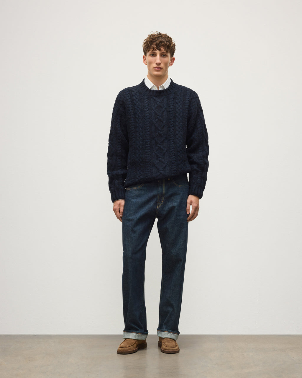 Johnstons of Elgin - MacDonald Dark Blue Aran Cable Cashmere Jumper