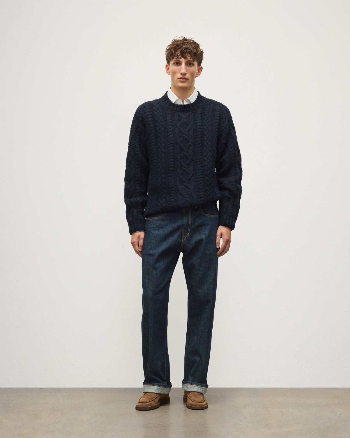 Johnstons of Elgin - MacDonald Dark Blue Aran Cable Cashmere Jumper