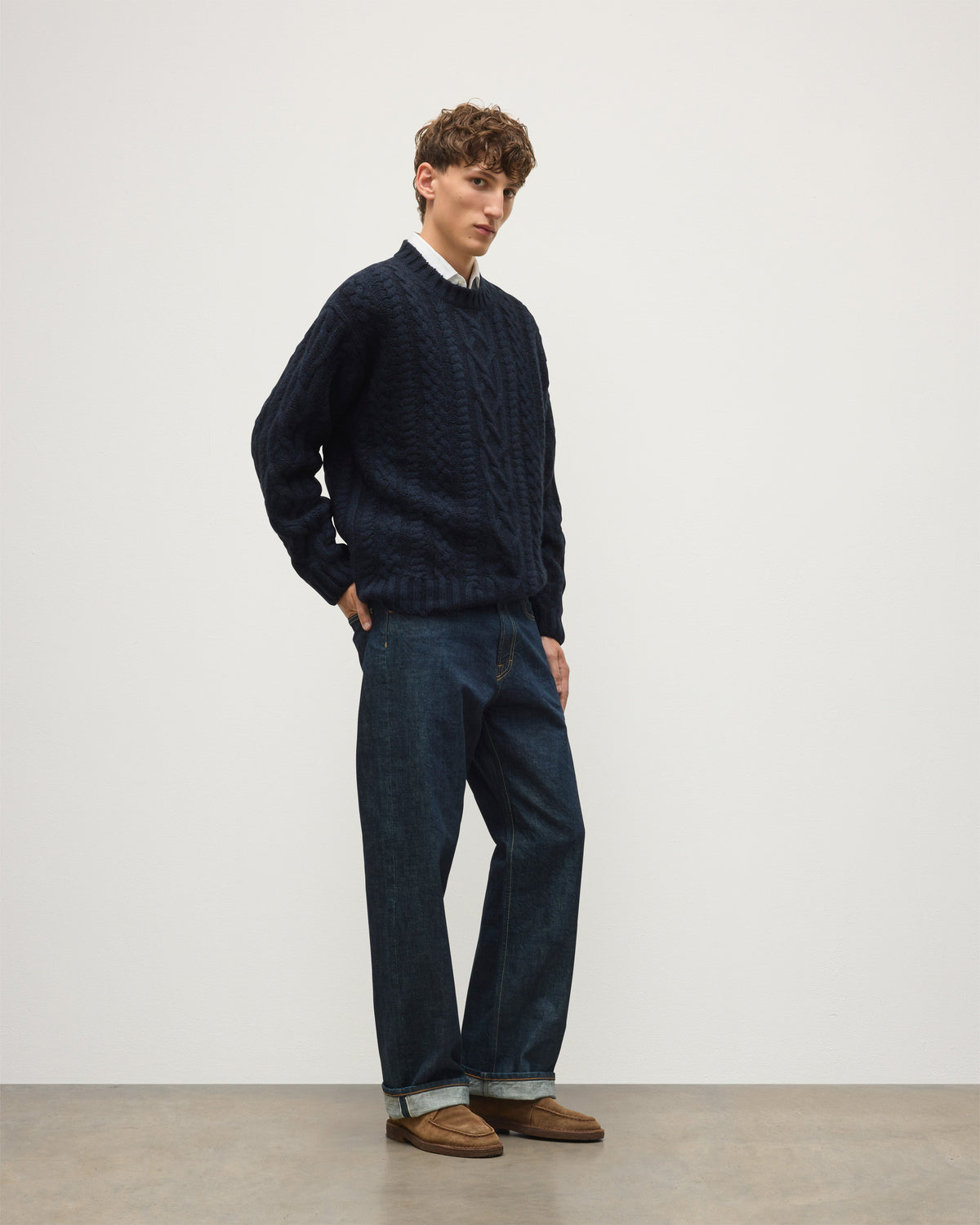 Johnstons of Elgin - MacDonald Dark Blue Aran Cable Cashmere Jumper