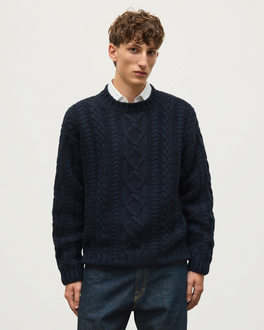 Johnstons of Elgin - MacDonald Dark Blue Aran Cable Cashmere Jumper
